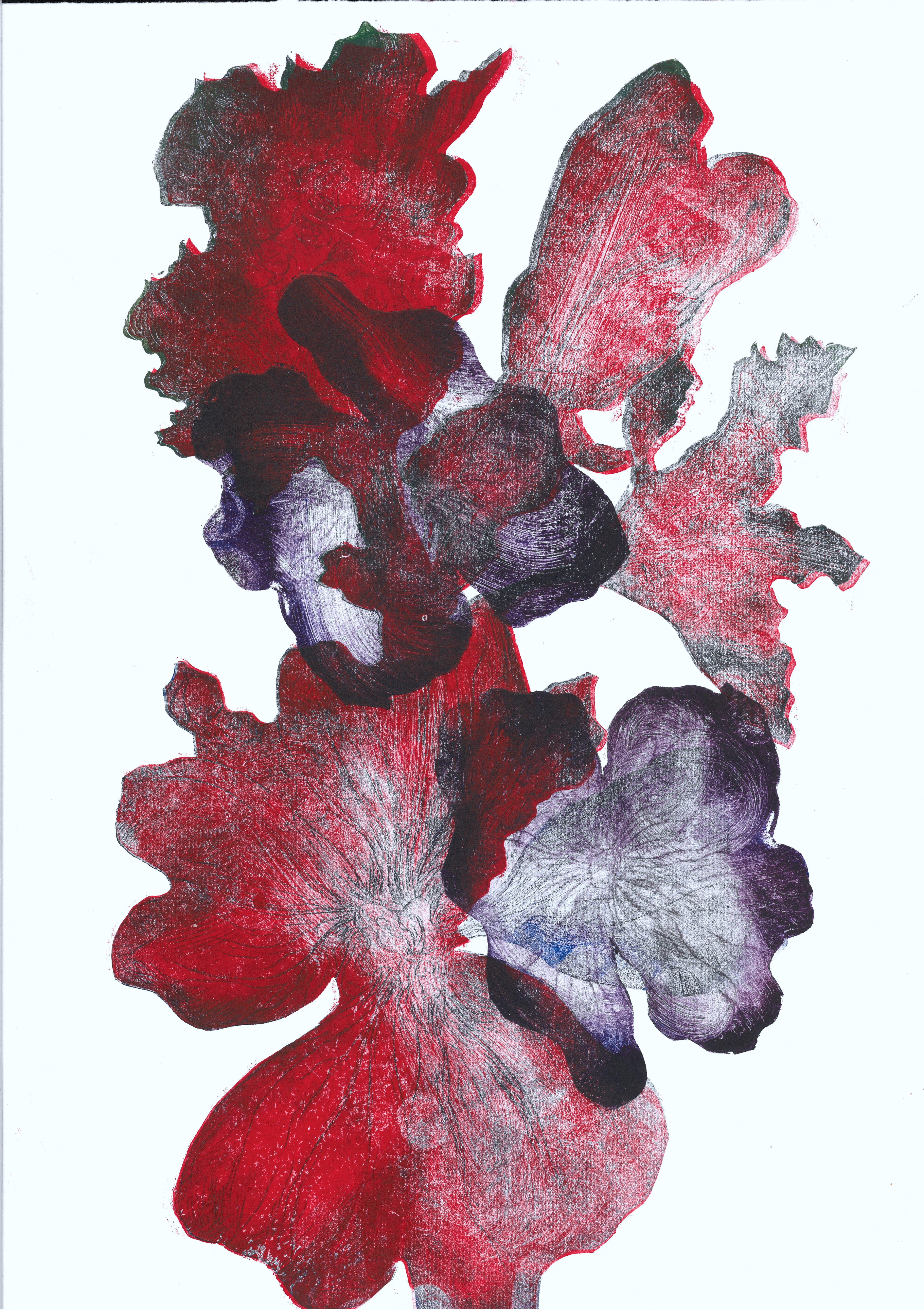 Fleurs abstraites #7Drypoint etching on polyester, cut out, printed over and inside each other, 34 x 50 cm cm