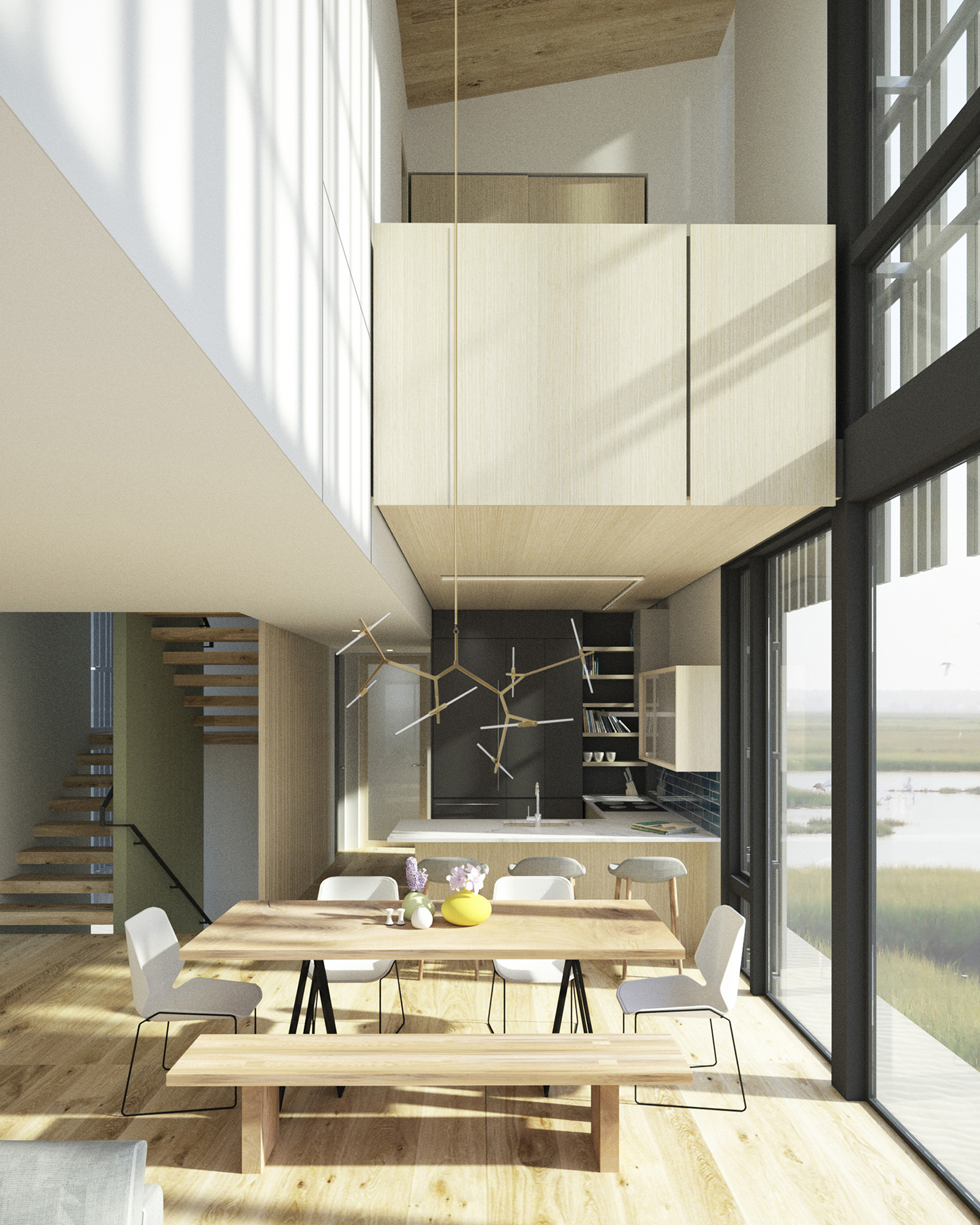 White Oak flooring and cabinetry and white painted cement board create a playful yet contemporary interior.