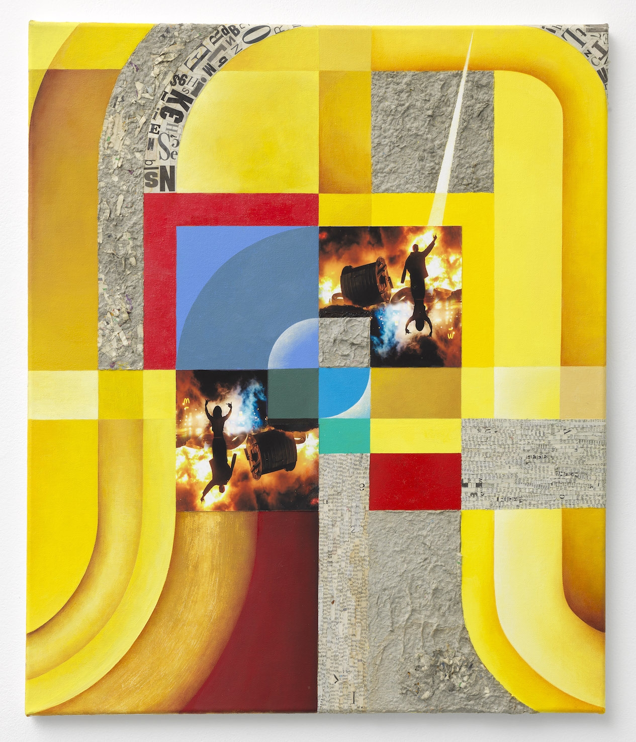 Anna Ostoya, Morphing of Blasts (Yellow), 2016, oil and acrylic, papier-mâché, newsprint, archival inkjet print on canvas, 61 x 51 cm