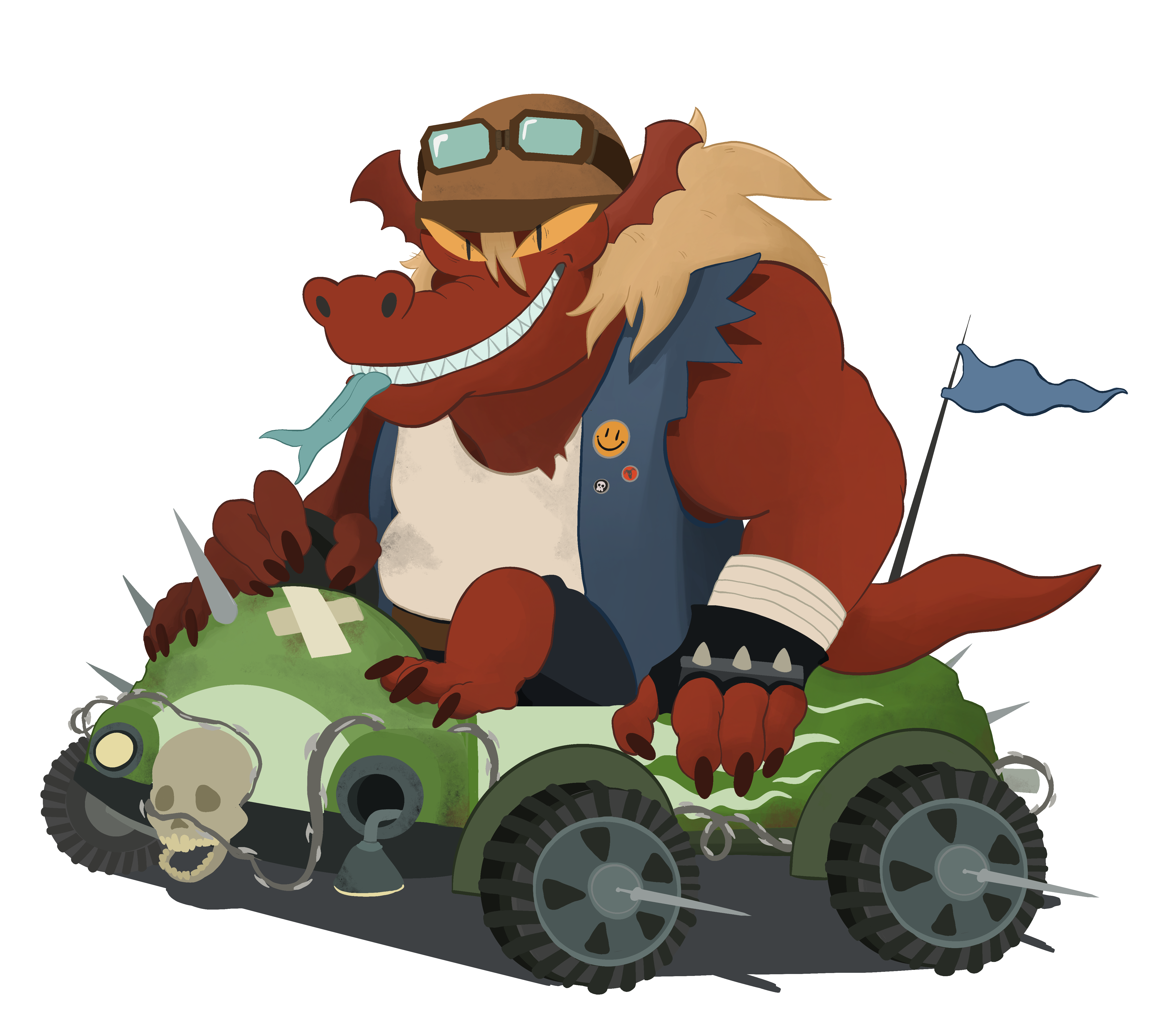 Racer, 2021 Digital by Rory Luckett. An illustration of a big red monster driving a go kart. 