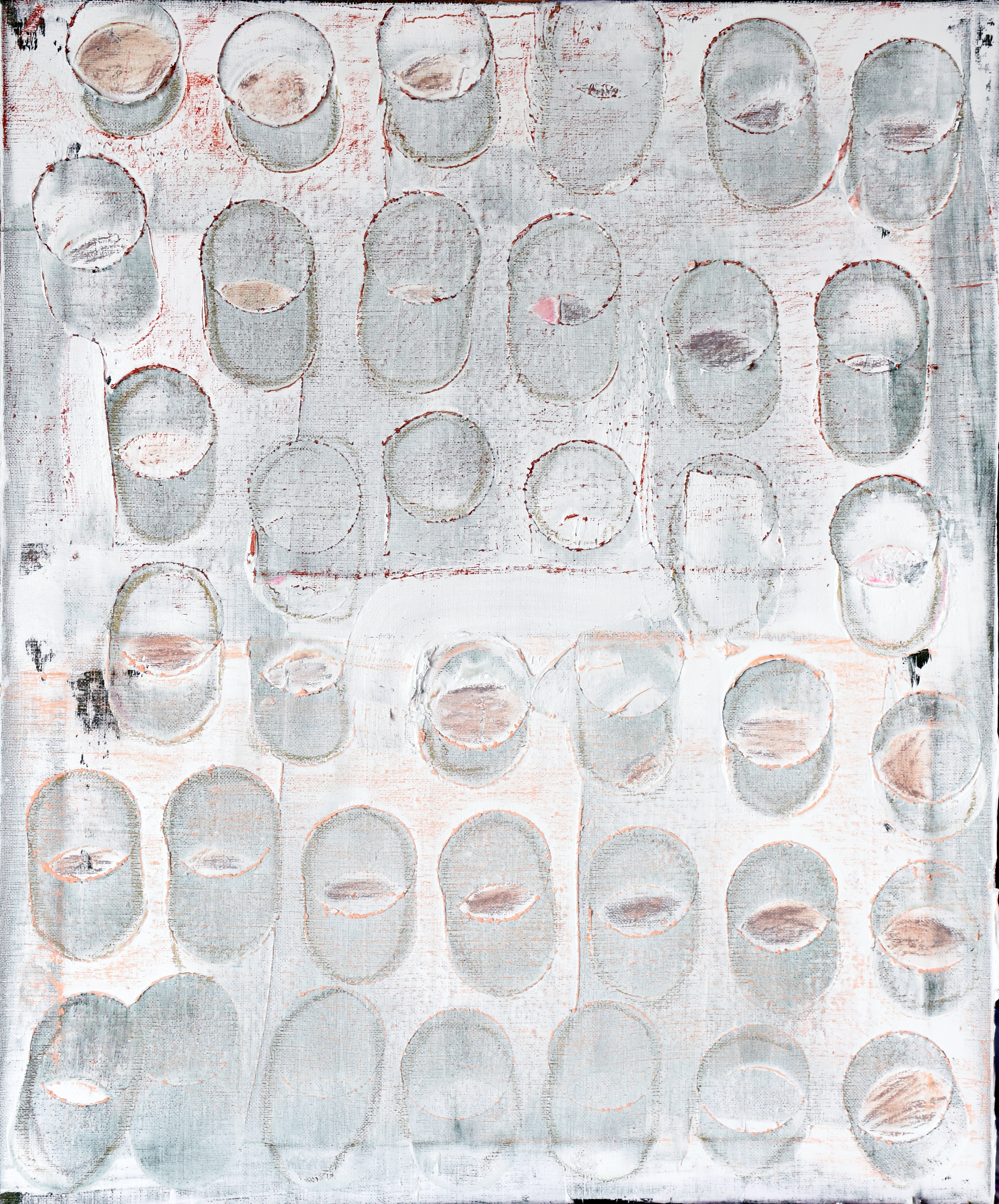 WHITE DOTS OIL/LINEN. 66 X 55 CM