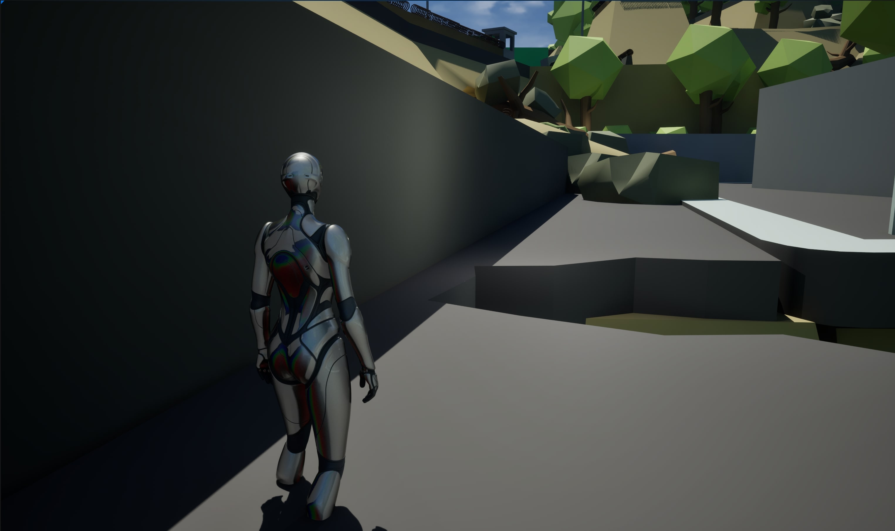 12. Leaving garage to the tunnel, the cracked road forces her to shimmy across a narrow ledge.