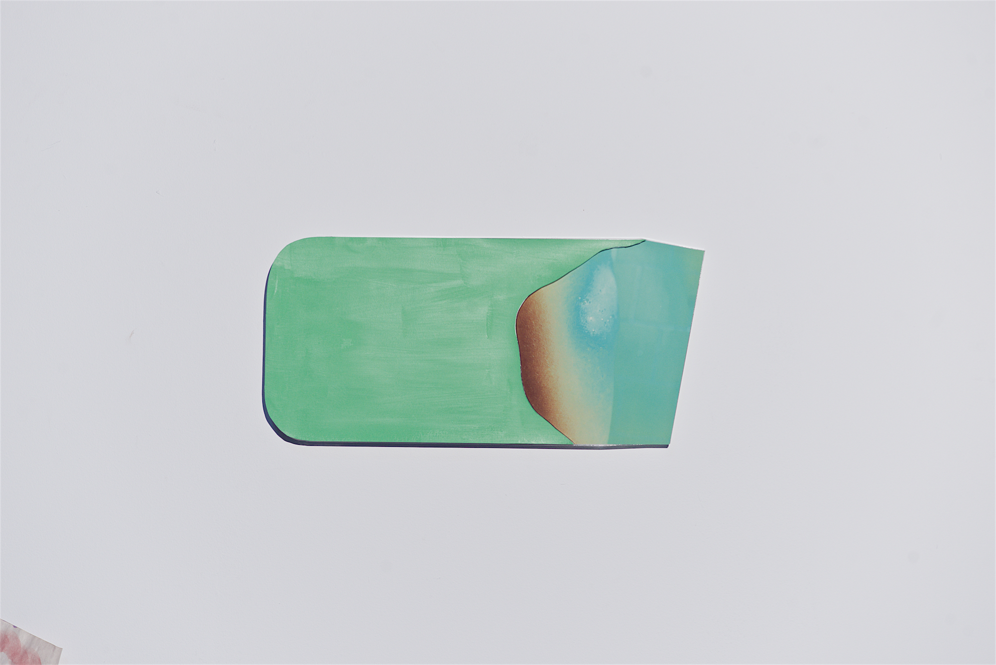 New enlightened era COMING SOON with text message green, WTF, 2018, gouache, archival ink-jet print, oxytocin, mounted on acrylic glass approx. 8” x 16”
