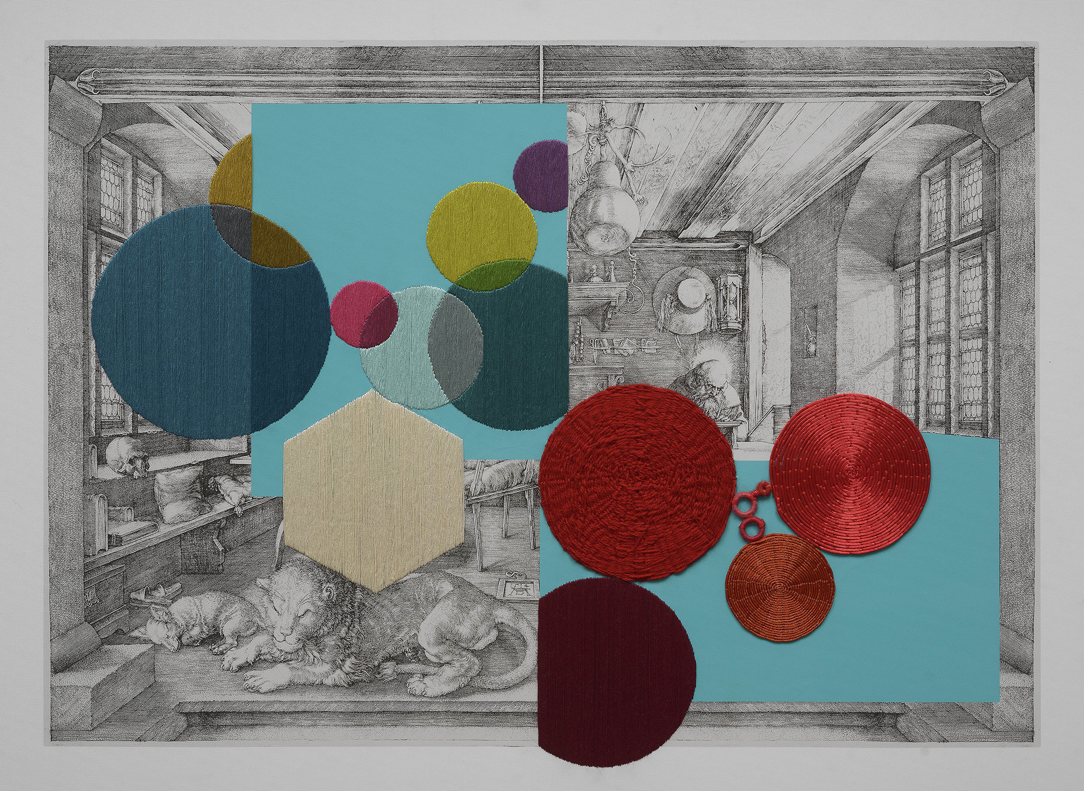 San Jerónimo en su estudio, 2020. Bordado sobre tela impresa, 61x83cm
