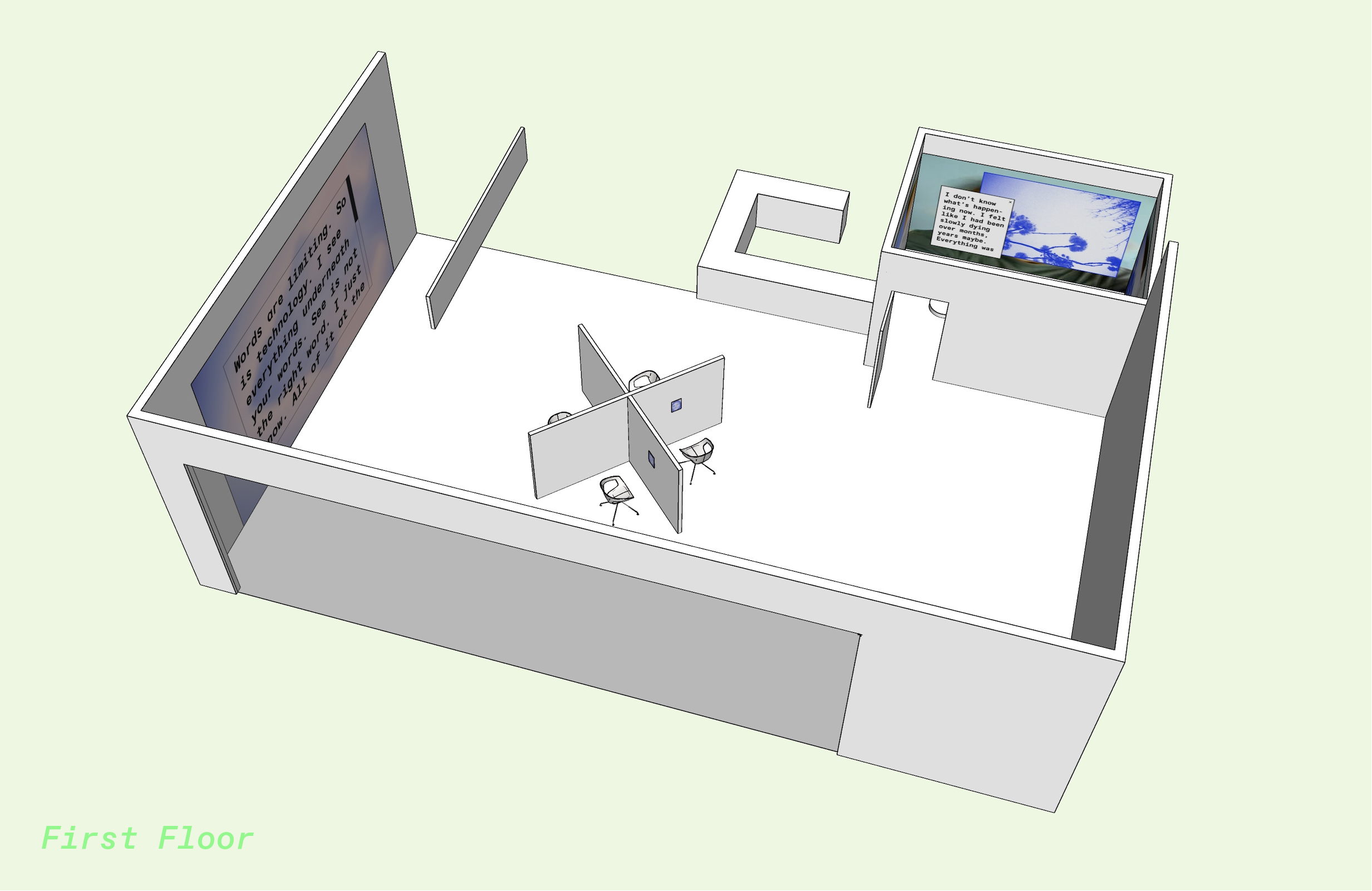 floor plan of first level of installation with three areas of installations