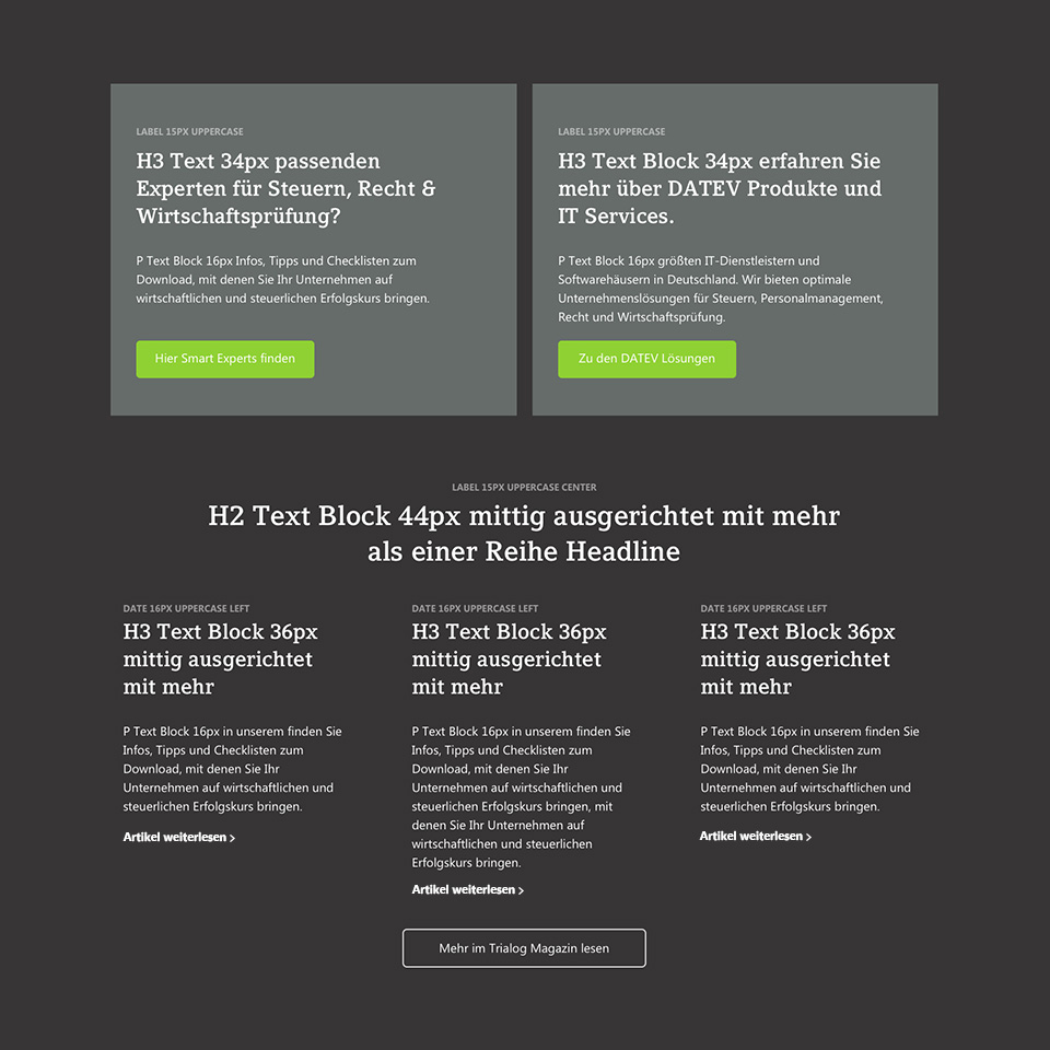 Text styles on the campaign landing page, showcasing the text hierarchy, including headings, overlines, subheadings, and body text