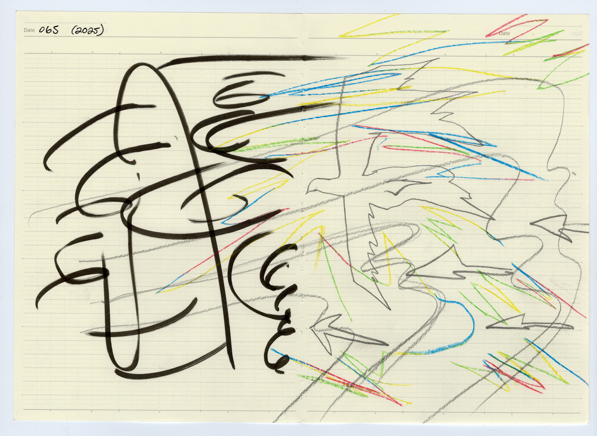065. 2025. Graphite, colored pencil, and marker on ledger paper. 11.5" by 7.875"