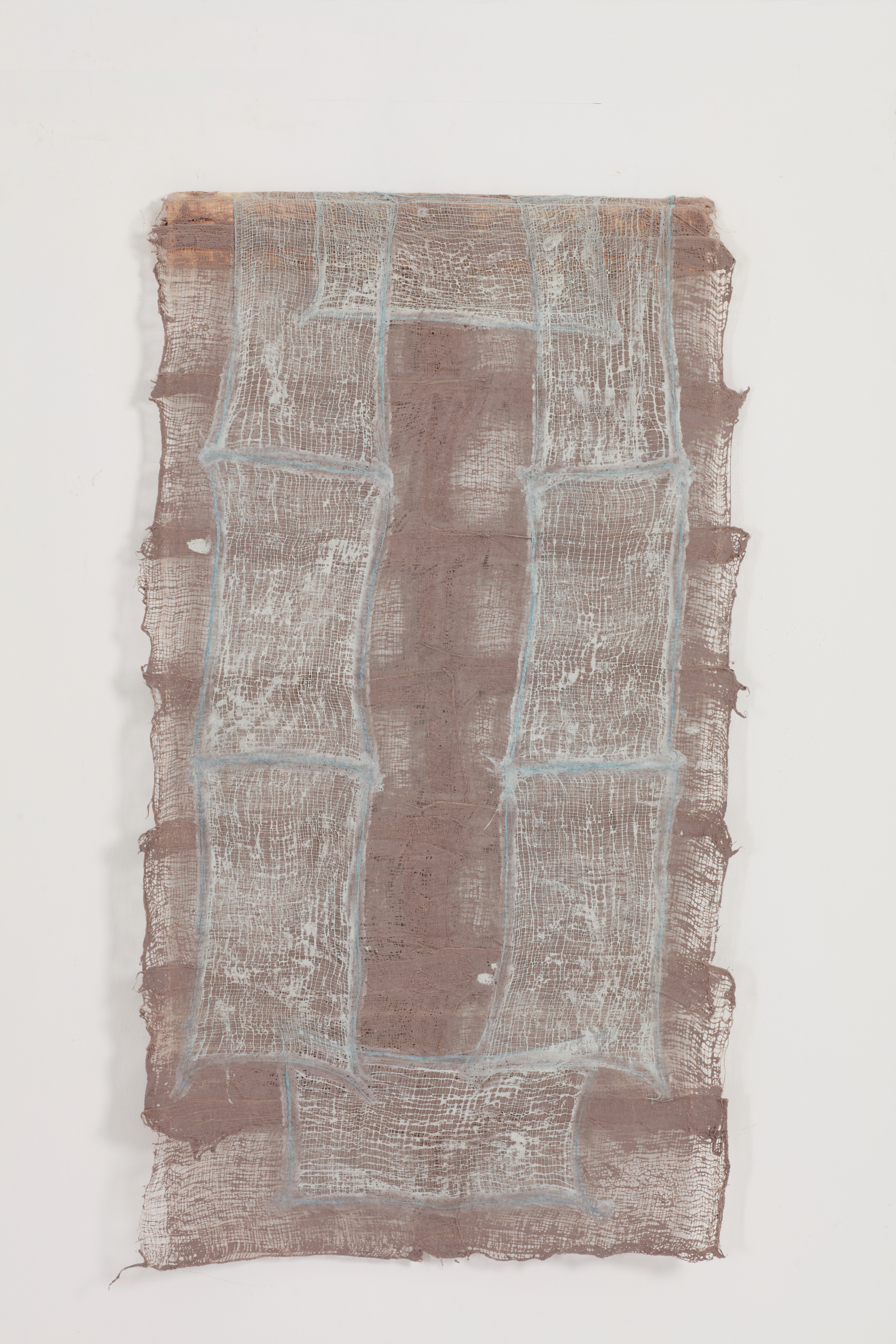 Residual Trace 201/Brown, Blue, 2021, Clay slip, cotton gauze on canvas, 110 x 64 cm