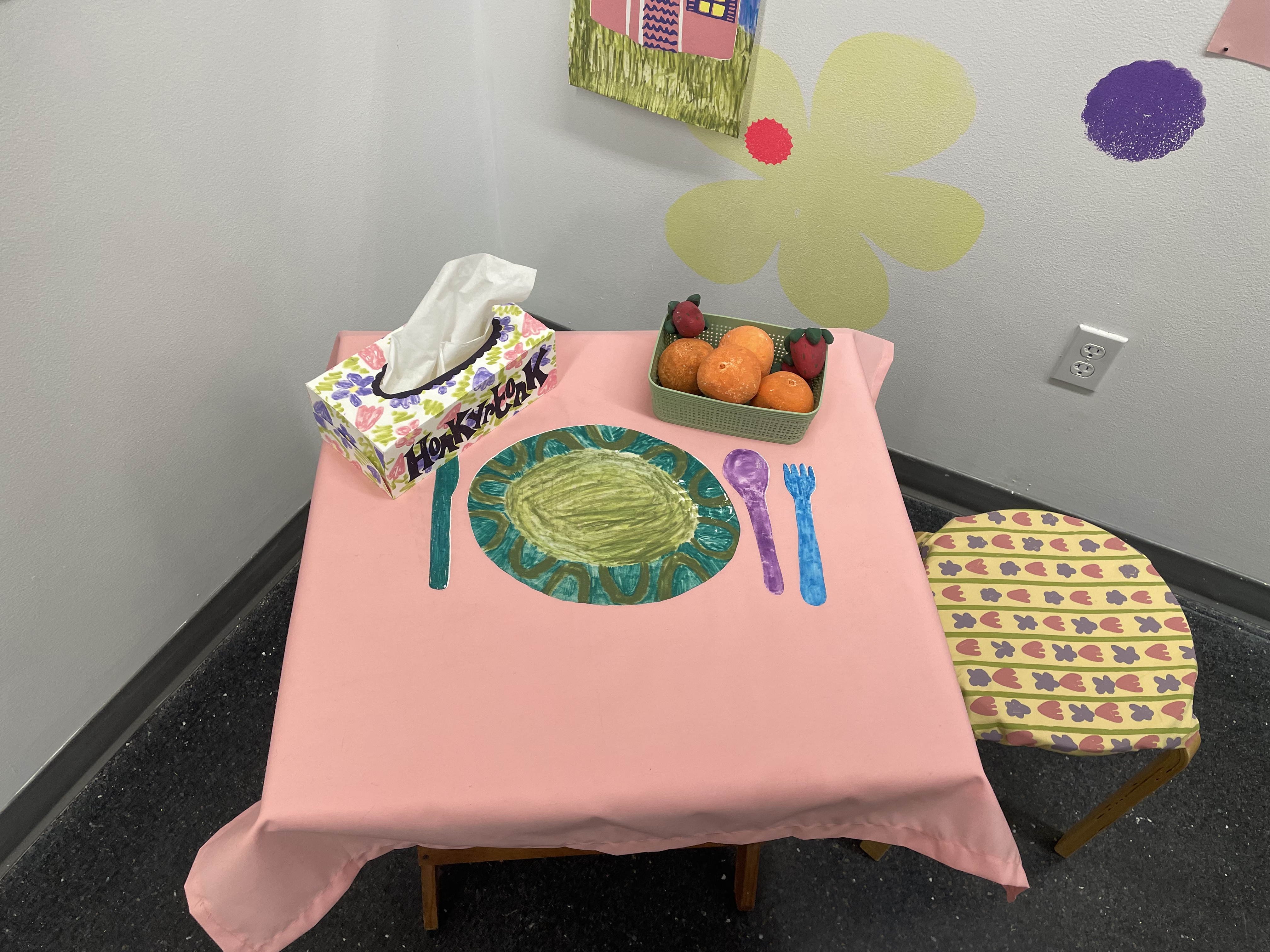 set table with tissue box & fruit basket, monotype on fabric, screenprint, plaster, 2020 & 2022