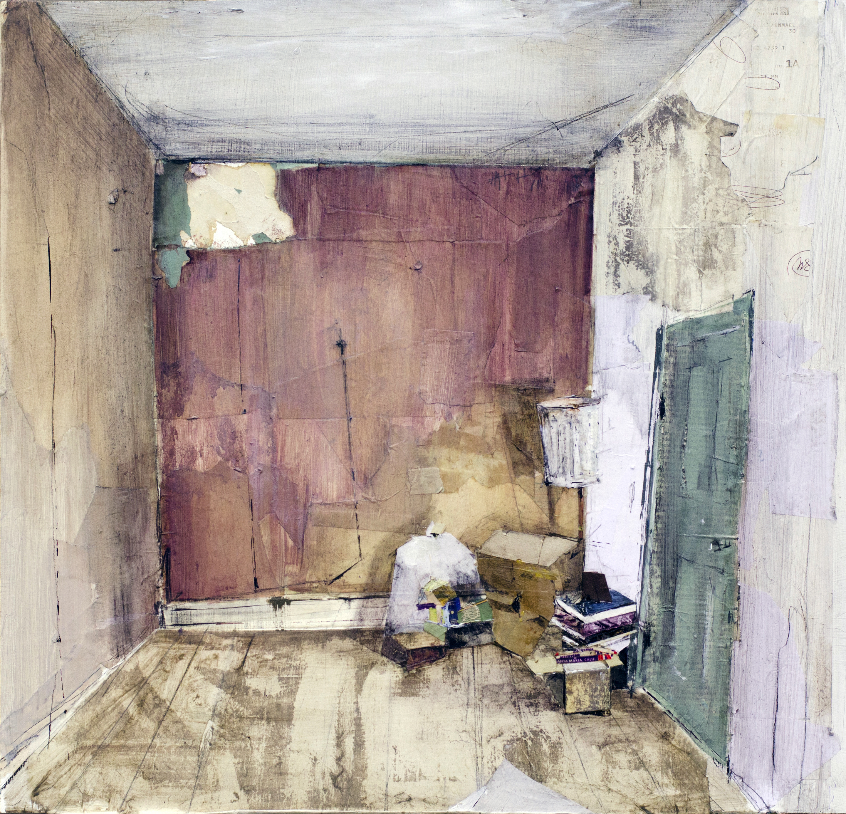 collaged paper and oil on panel, 2 ft x 2 ft, 2013