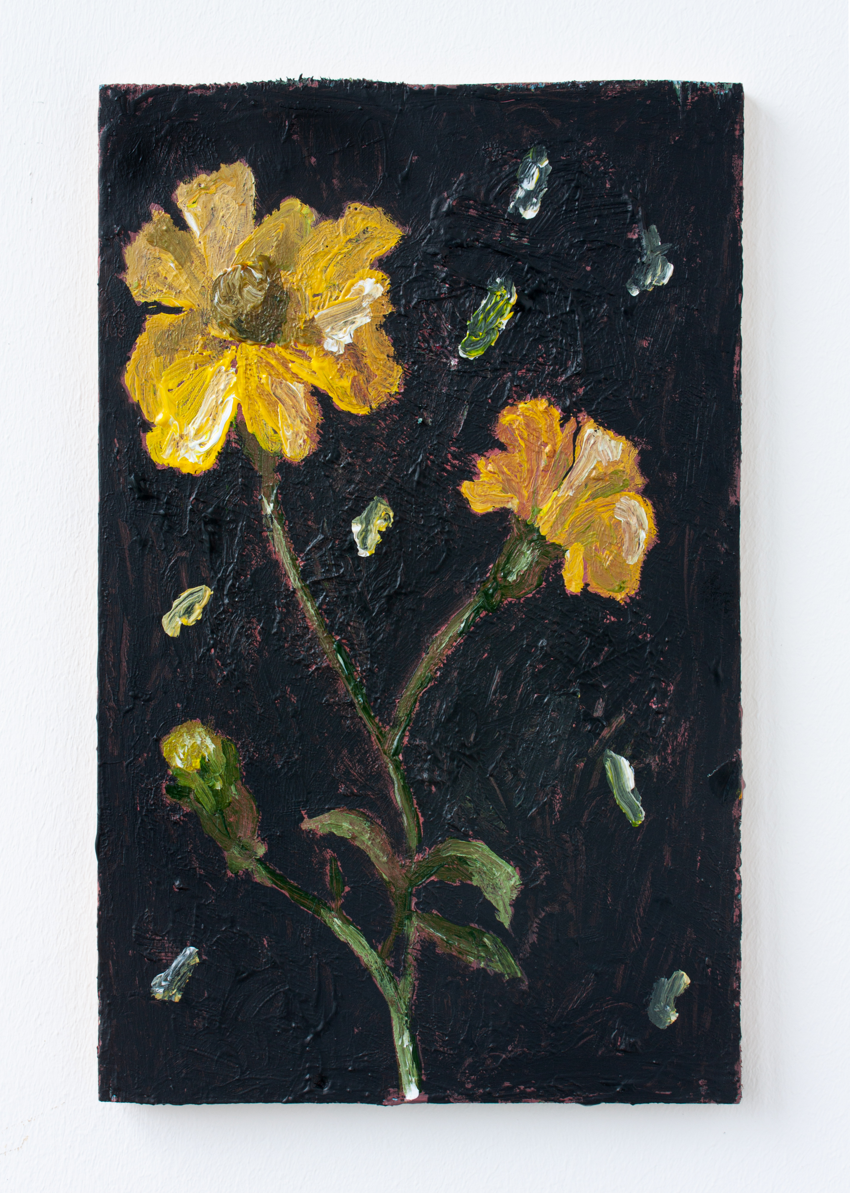 Falling petals, 2024  Gouache, acrylic and pulverised ceramic on wood  30 x 19 cm 