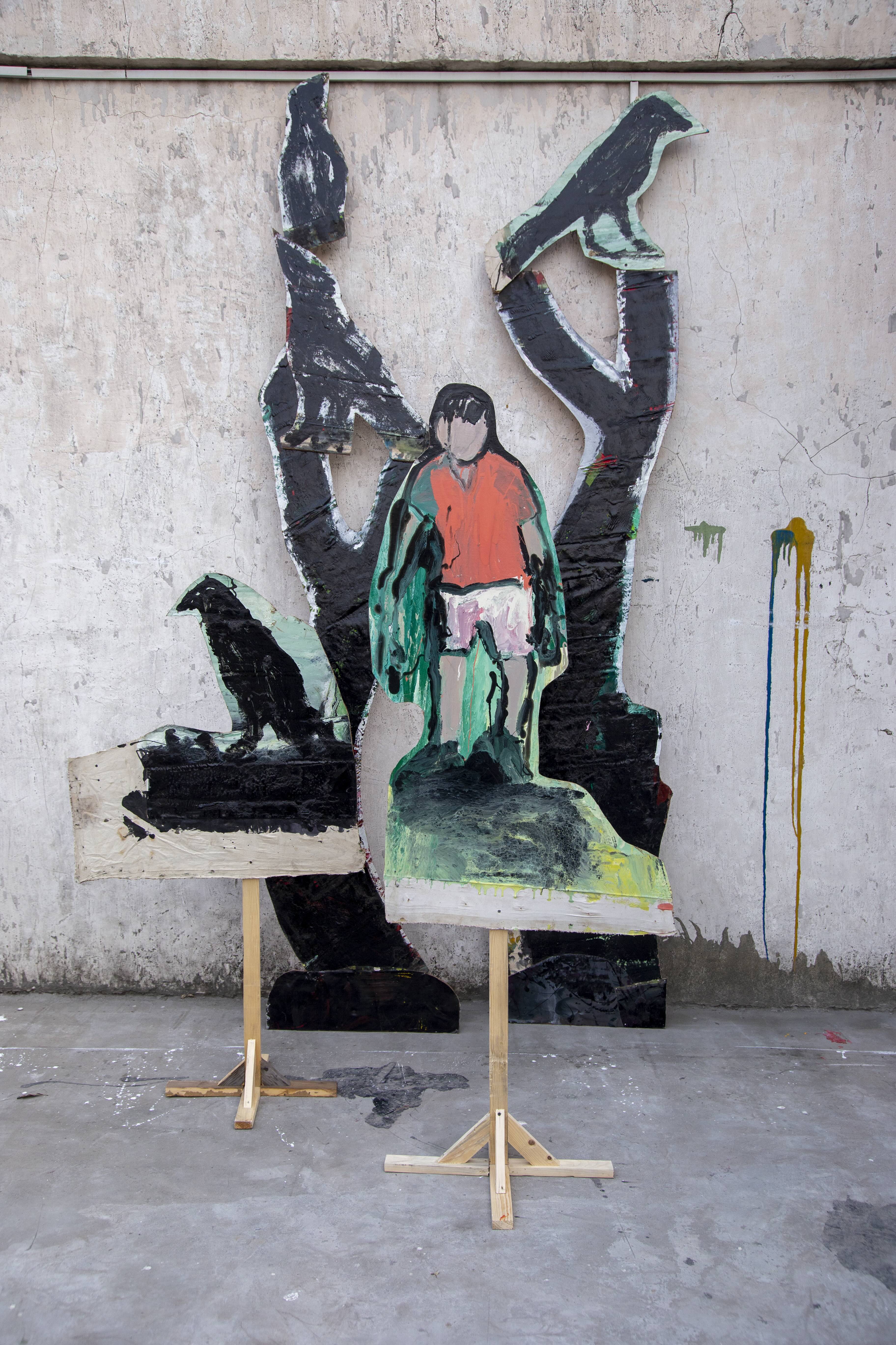 The Boy and The Crows, 2024, enamel paint on canvas and MDF, dimensions variable