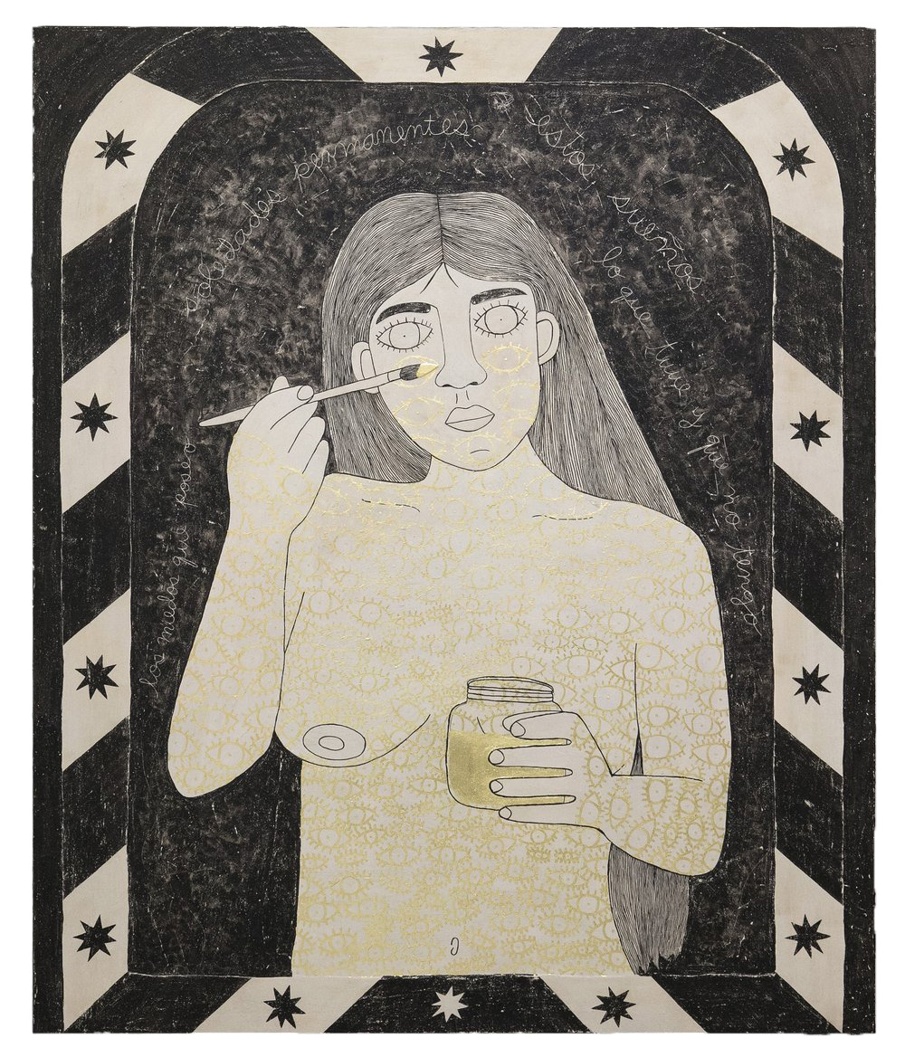 Mi permiso secreto (My secret permission), Clay slip, gold leaf, and vinyl paint on canvas, 72" x 60.5", 2023