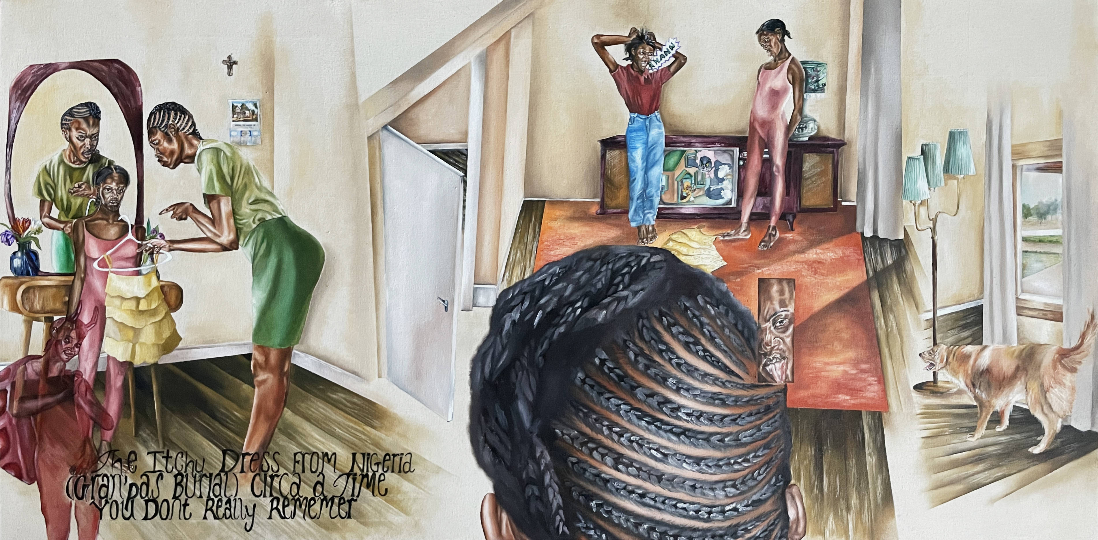 Sowing seeds: Chinedum’s itchy yellow lace dress, 2023. Oil on canvas. 36 x 72 inches