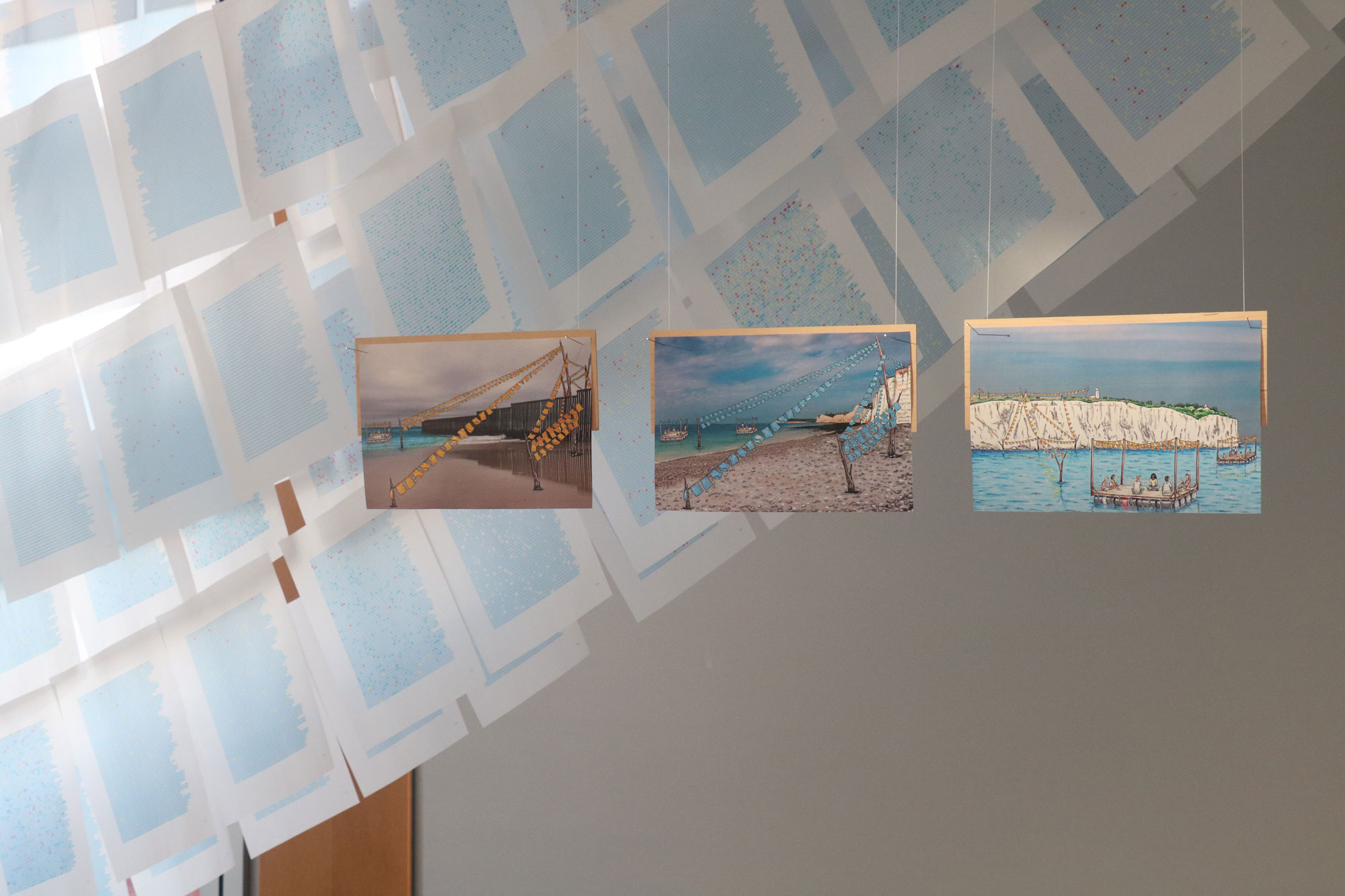 Installation and Illustration: Flags for the Living Ruins of Human Rights. Exhibition 'In Correspondence with a living archive of indigenous languages' Royal College of Art, Media Works, White City Place, 2020