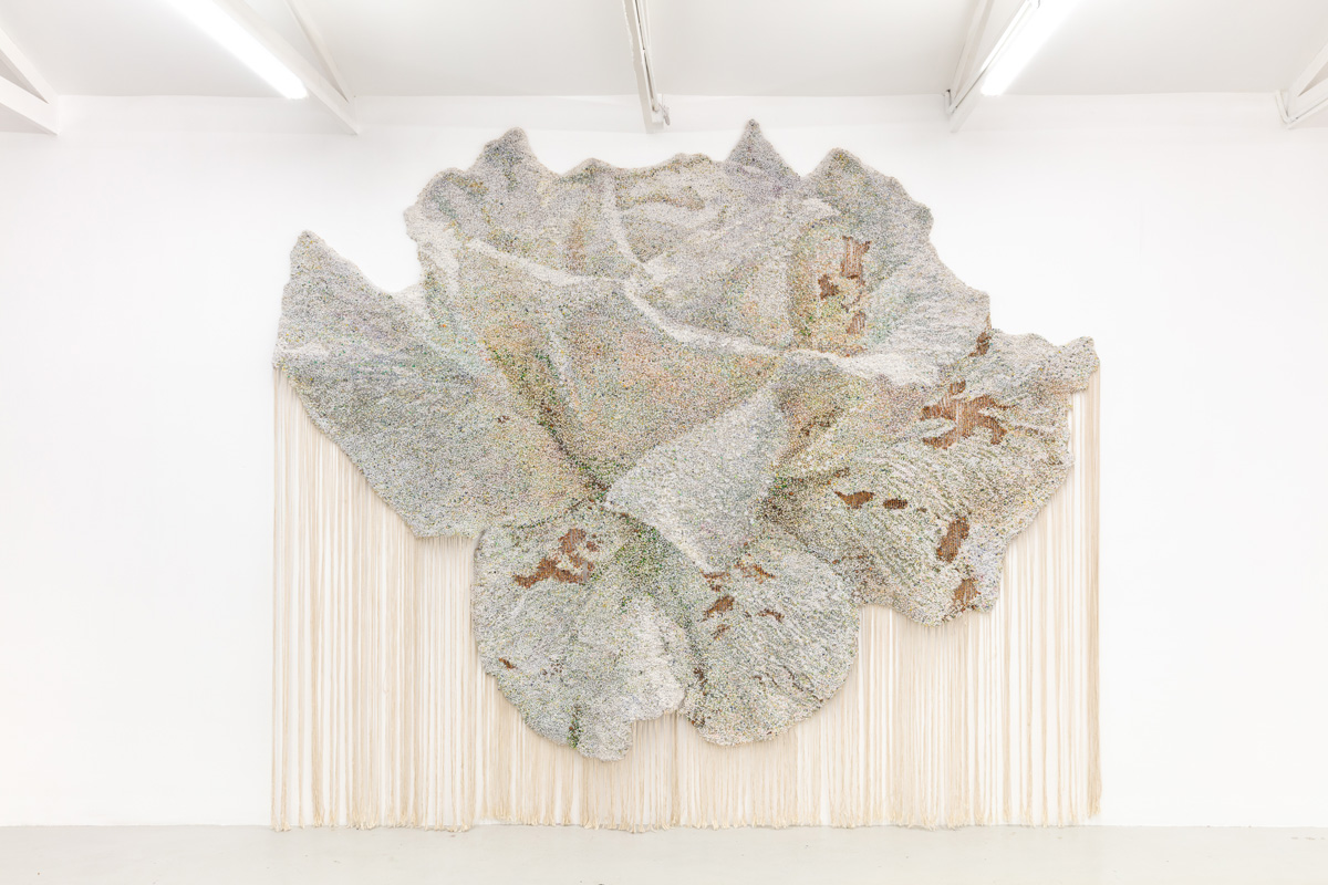 Igshaan Adams, I am with you (2025) | Cotton twine, jute braided polyester rope, silk and cotton fabric, mohair wool, wooden, glass, plastic, metal and semi-precious stone beads and tiger tail wire, 316 x 370 cm