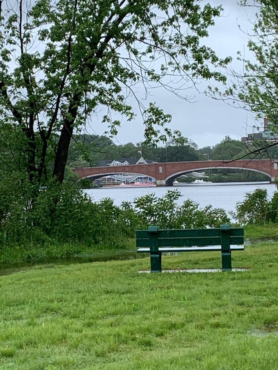 A bench in front of the river, a boathouse in the distance