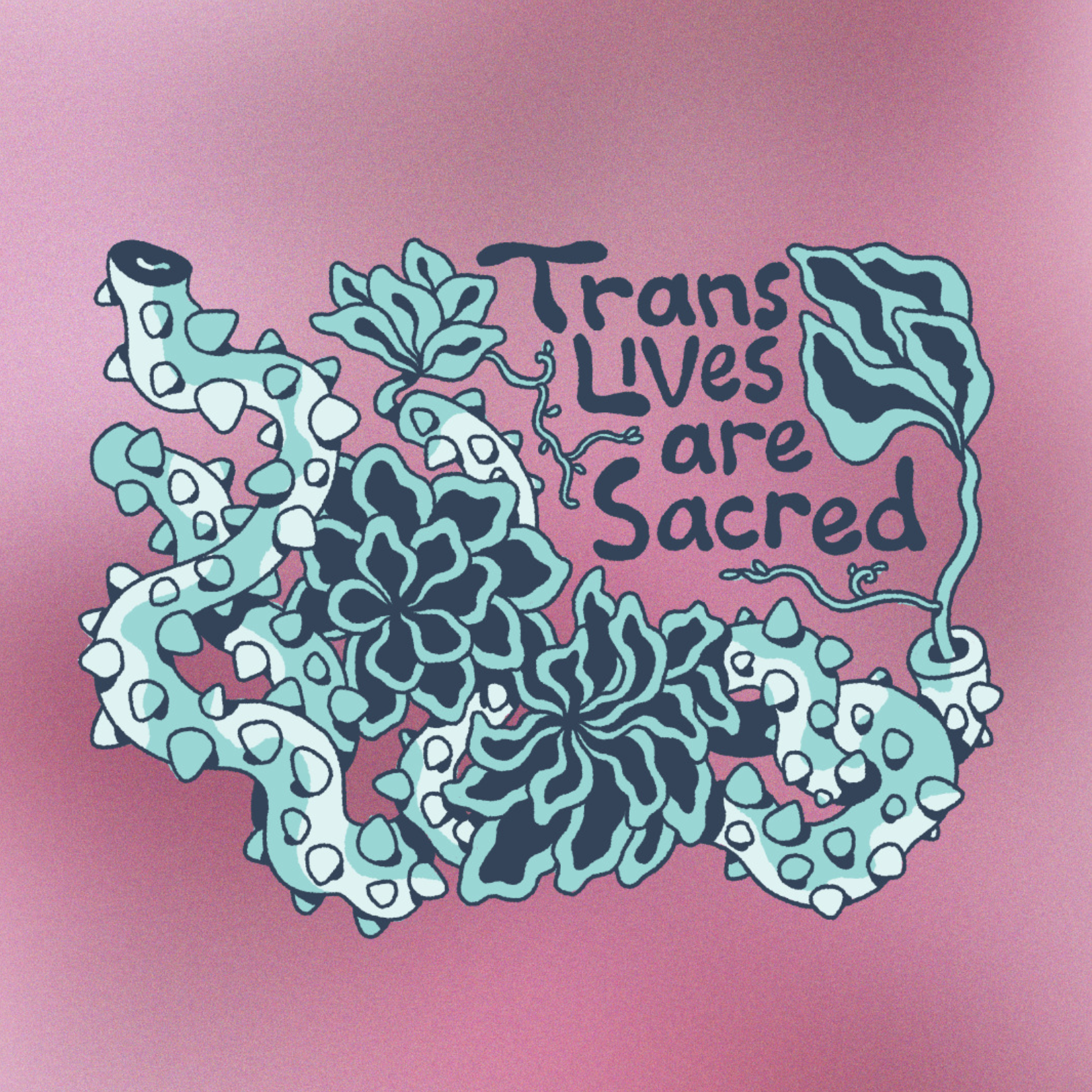 A stylized, drawn depiction of sprawling blue-coloured vines with thorns intertwined with each other and winding across a wide background of textured purple gradient. The vines have light blue highlights and stylized flowers and smaller slender stems are interspersed amongst the coils of the vines. The text “Trans Lives are Sacred” and “Trans Joy is Sacred” is nestled between the vines near the middle of the illustration.
