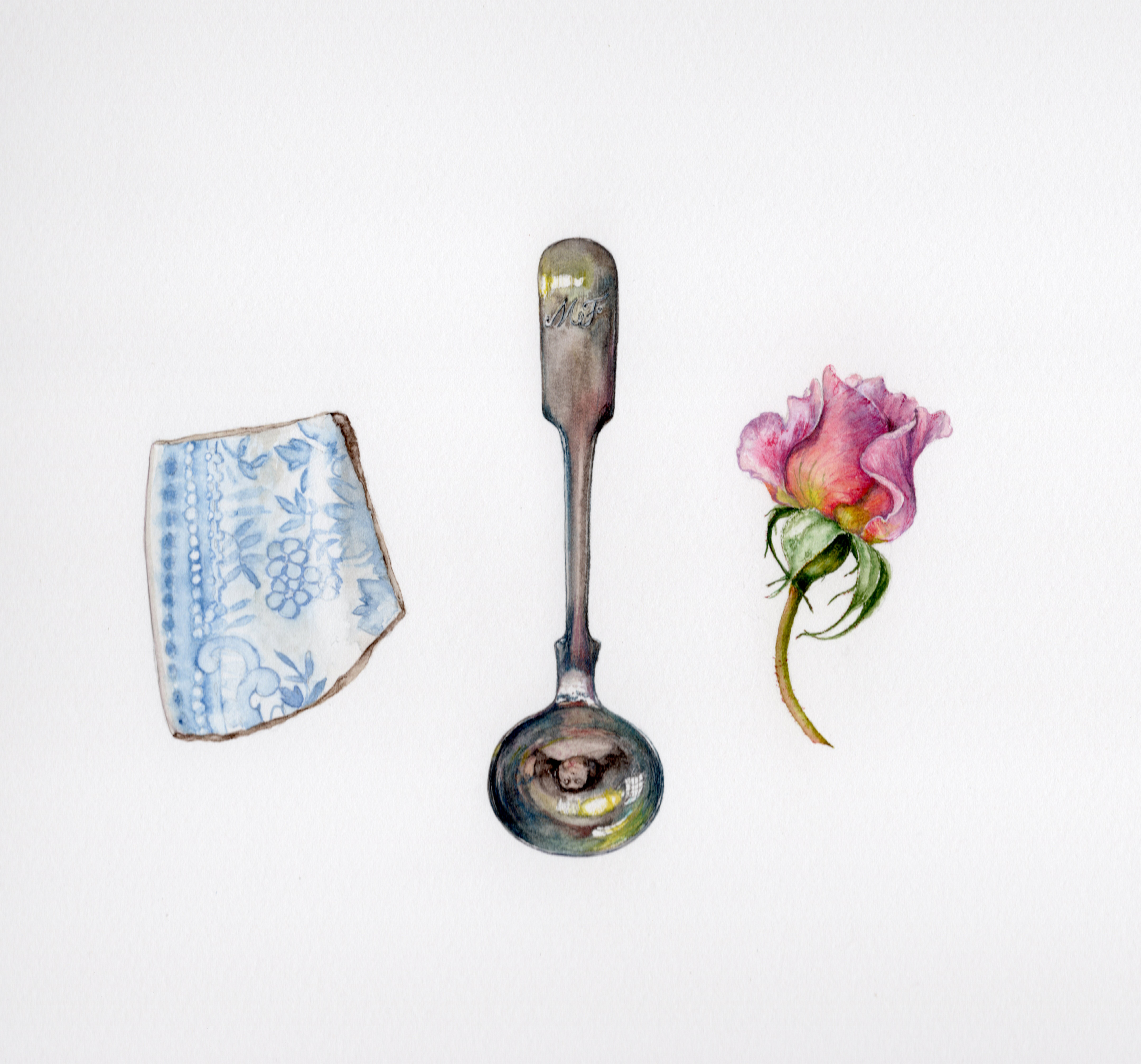 Silver sugar spoon pink rosebud and china blue