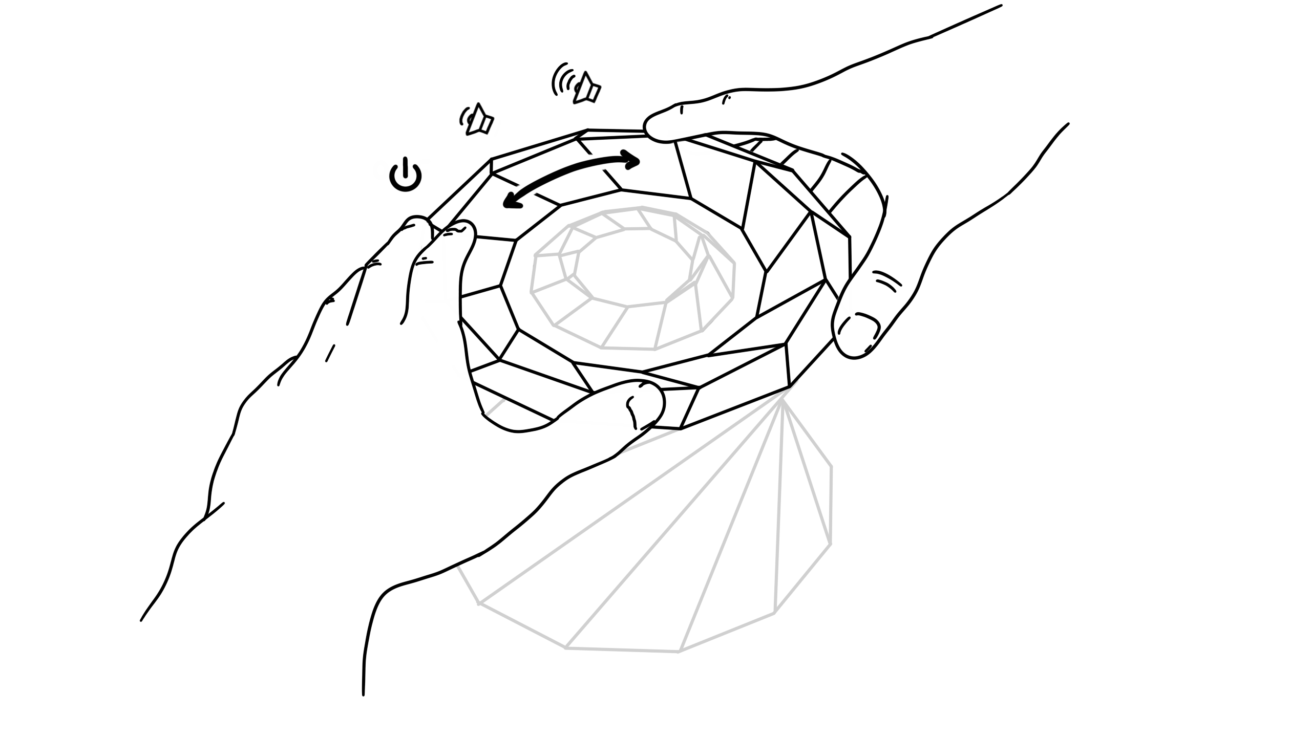 Rotate the edge to turn on the device, and adjust the volume.