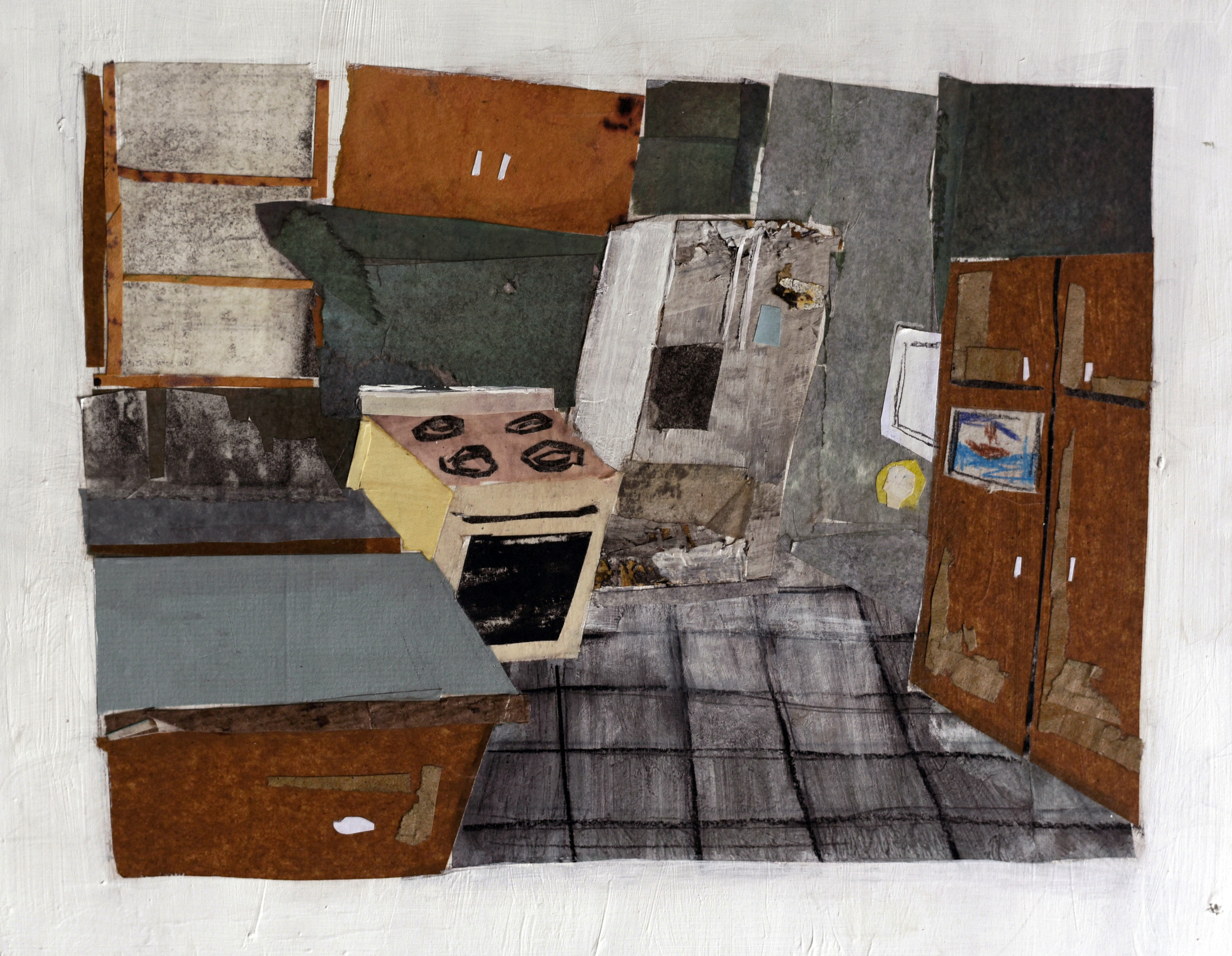 kitchen, collaged paper and oil on panel, 14 in x 10 in, 2019