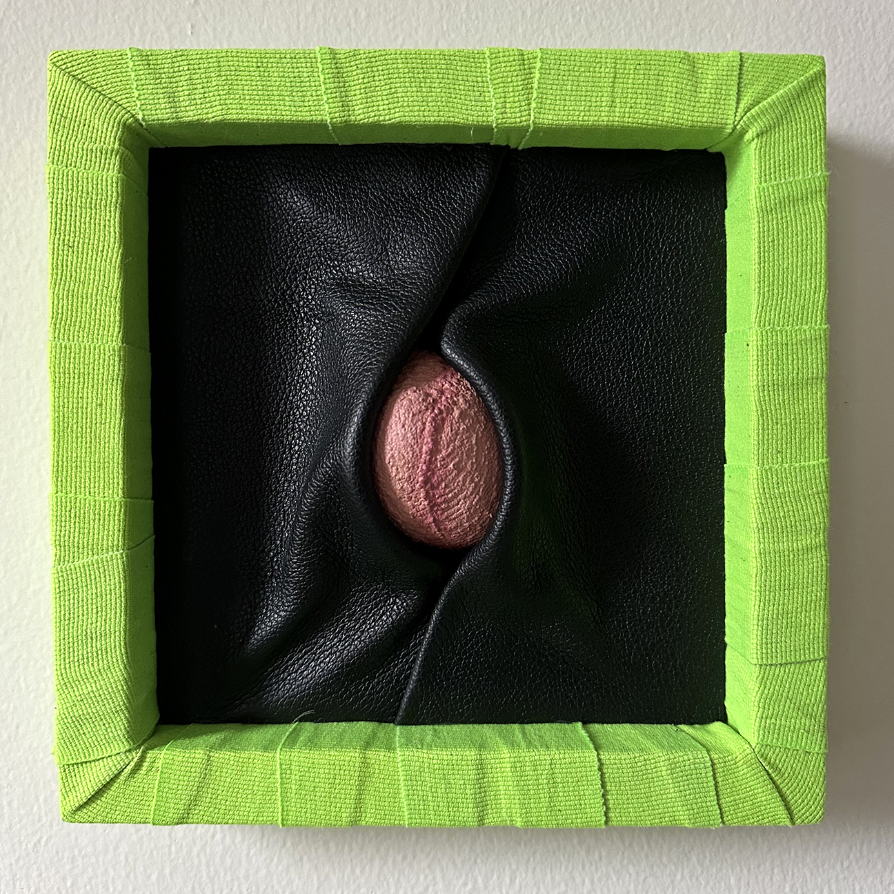 Another Space For Another Life / acrylic on plaster, leather, Fighting brand boxing hand wraps / 8 x 8 x 1 7/8 in / 2026