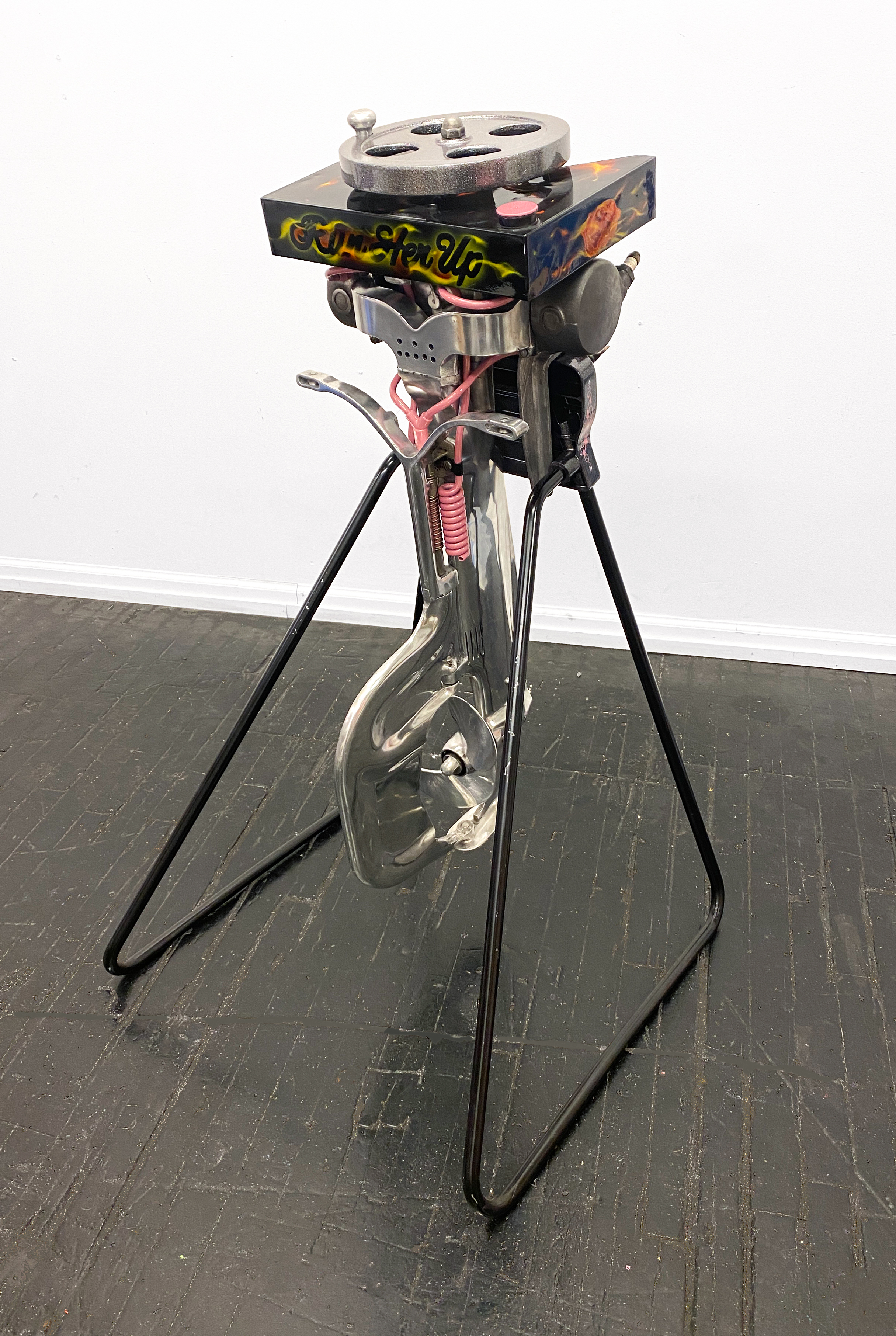 Tailgating with the Enemy, automotive paint on 1923 Evinrude Elto Ruddertwin Lighttwin Model “C” outboard motor and stand, 41 x 23 x 26 in, 2022