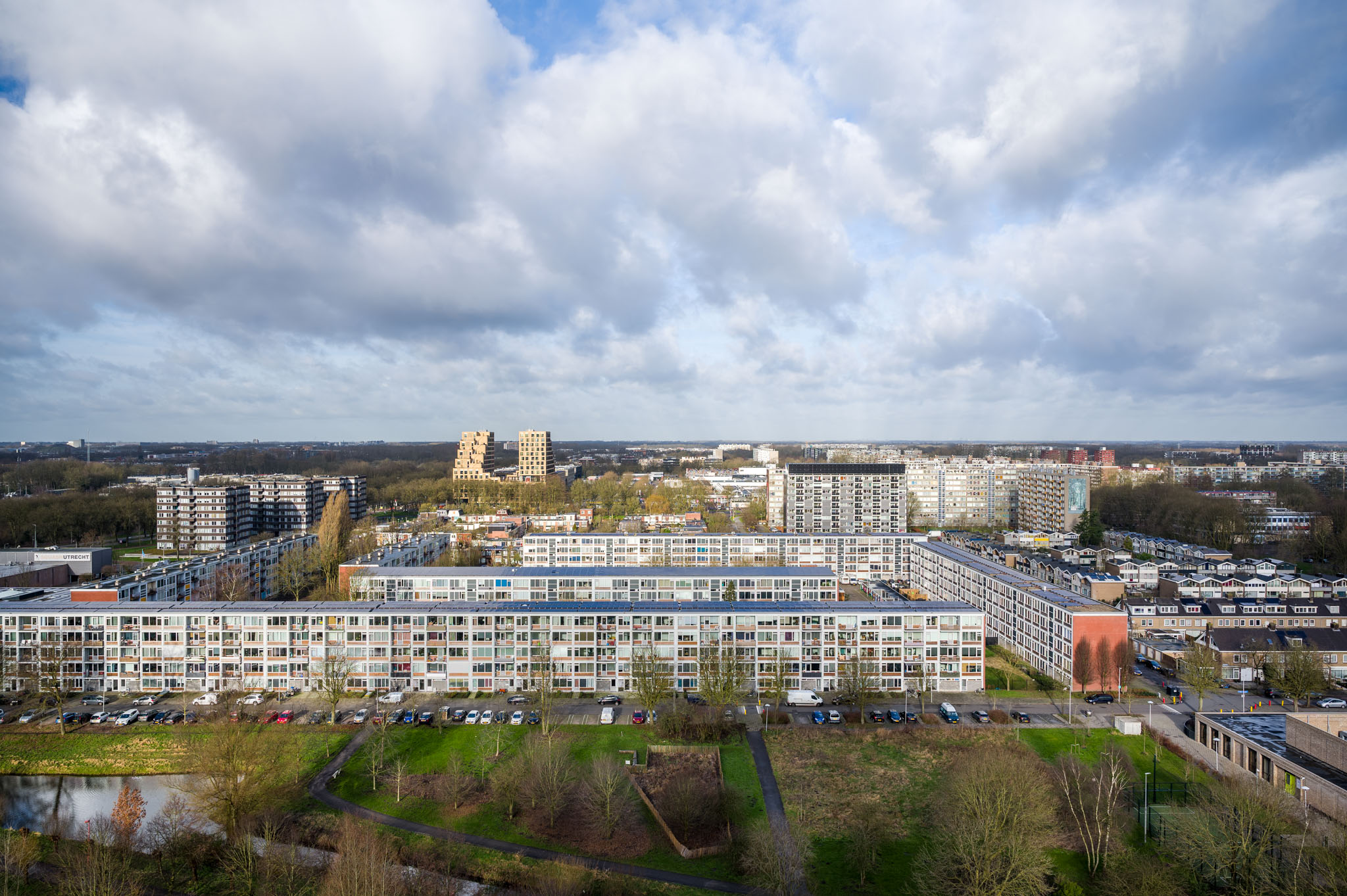 Overview of Overvecht. In the background, the only building that touches the sky, The Cube, by Team V Architecture, with behind it housing project deBuurt.