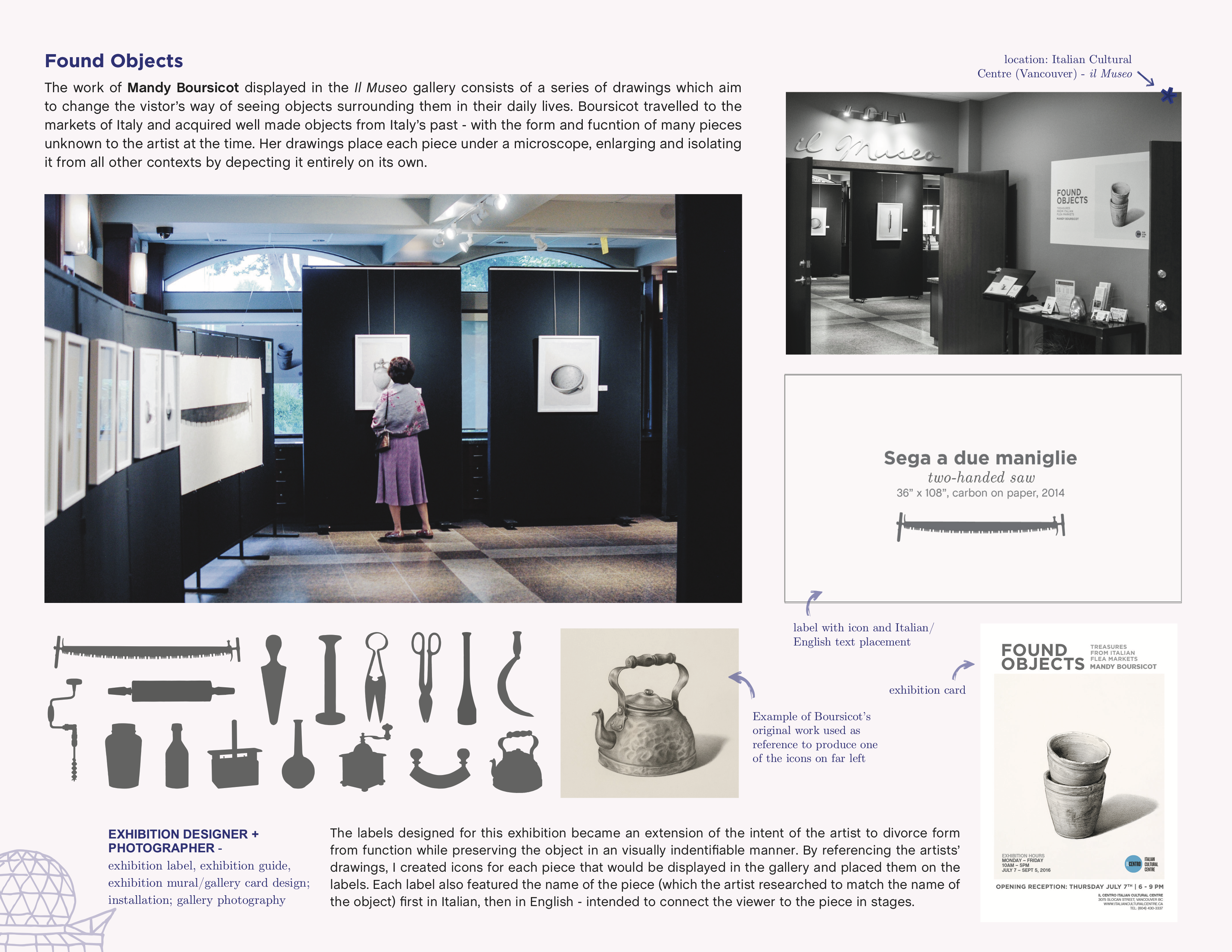 Found Objects - label, exhibition card and banner design, iconography illustration
