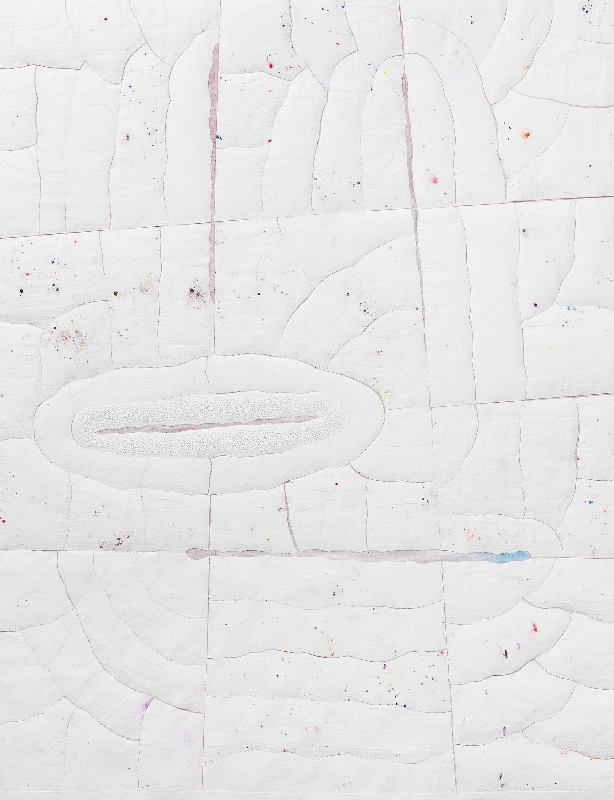  Untitled, 2019 . Color pencil, embossing and perforations on fragments of paper mounted on cloth .  65 x 50 cm