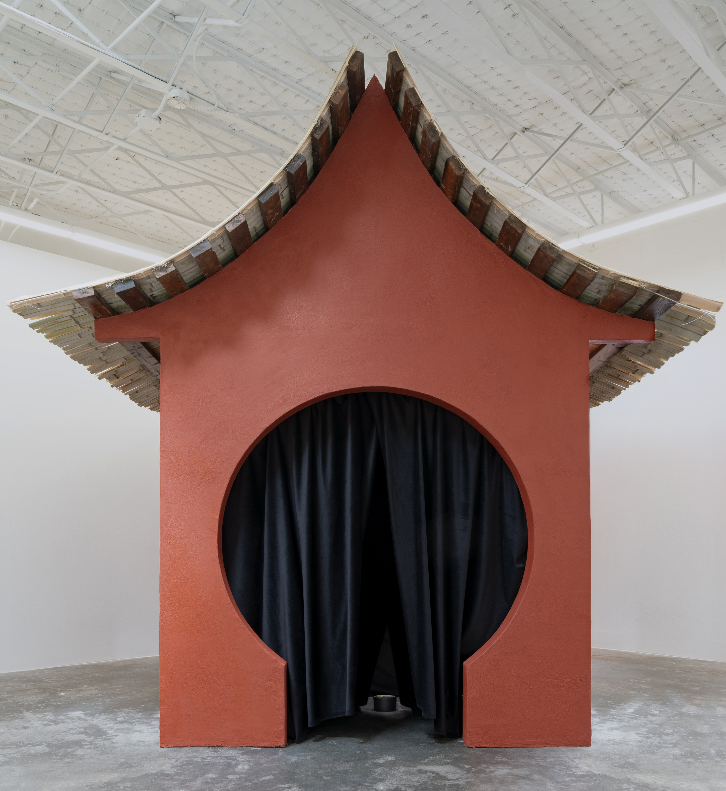 Narcissus' PagodaBamboo, wood, plaster, velvet, light, ceramic vessel, water, 24 in. diameter oil on canvas painting. The structure measures 6x8x9 feet and the doorway is 63” tall (my height).