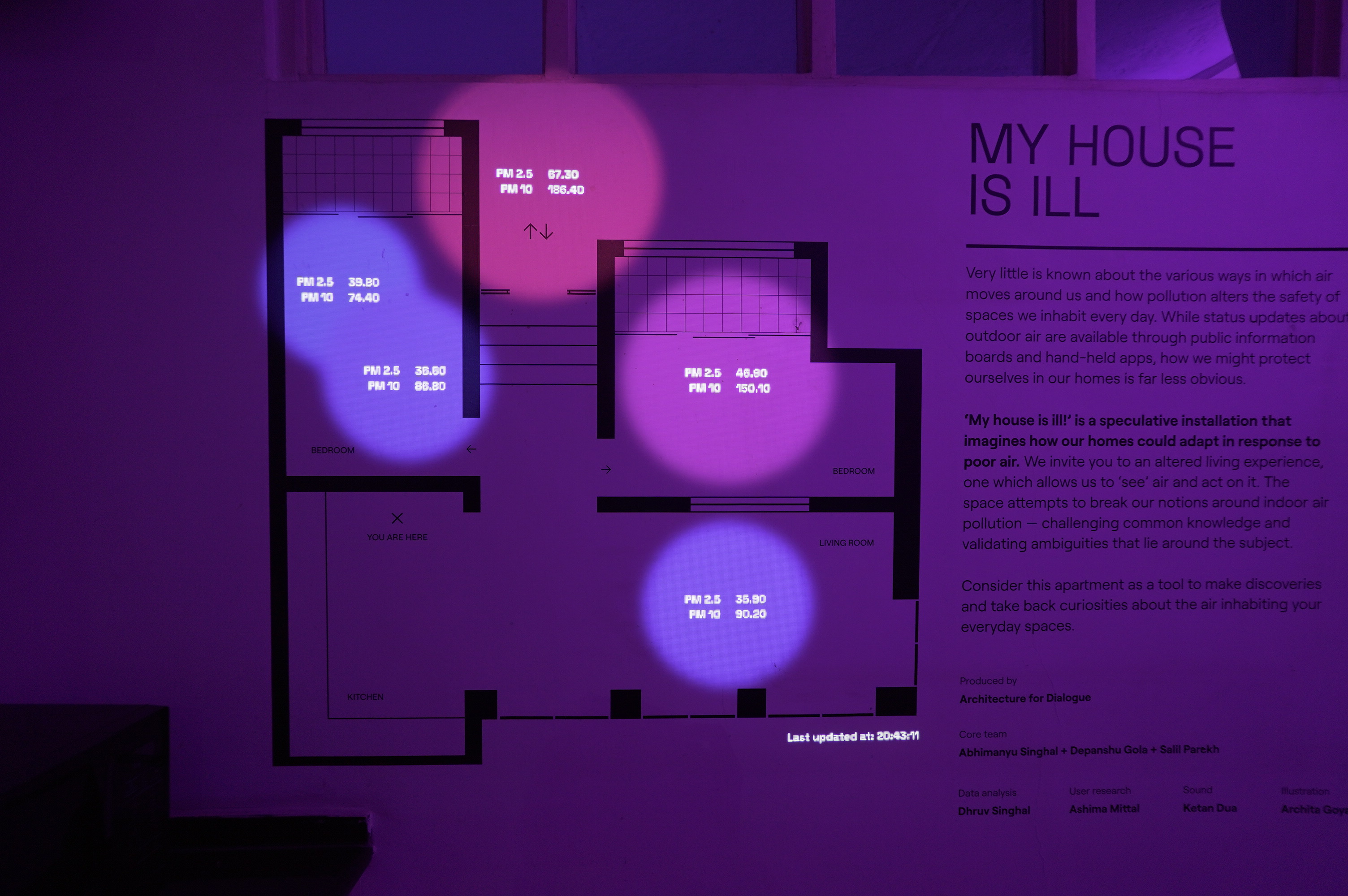 A dashboard on the kitchen wall gives an overview of the readings being captured in different spaces.