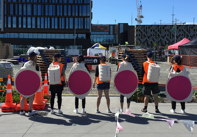 Students with wearable furniture for the FESTA Event Studio, 2018. Unpacked these become festival tables and stools for mobile deployment and communal use. Photograph: Kathy Waghorn