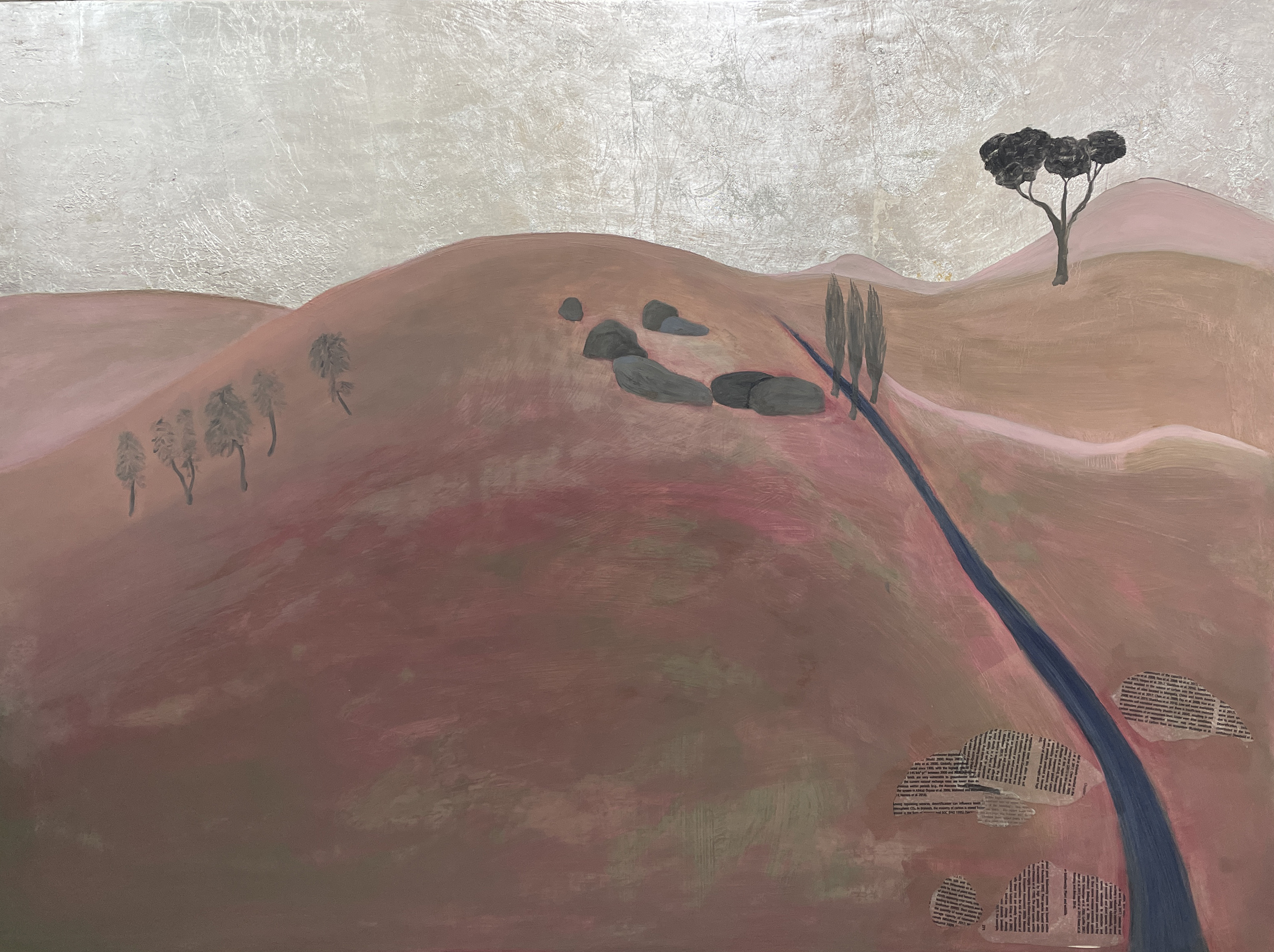 Writing in the Stones, 2022, 121.5x91.5cm, oil, collage and metal leaf on gesso panel