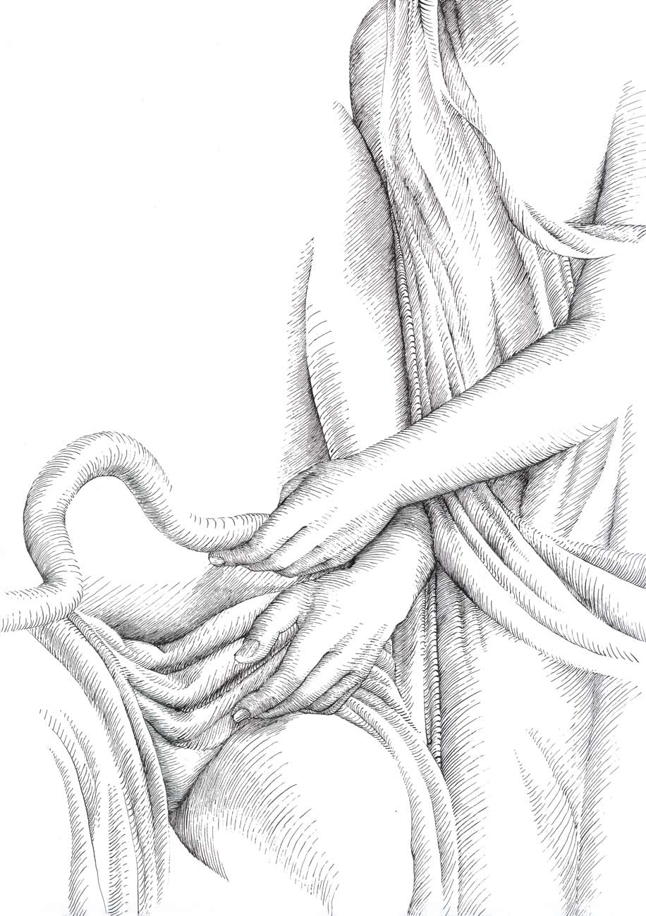 Female Figure with Serpent, 2018, ink on Bristol board, 29.7 x 21 cm.