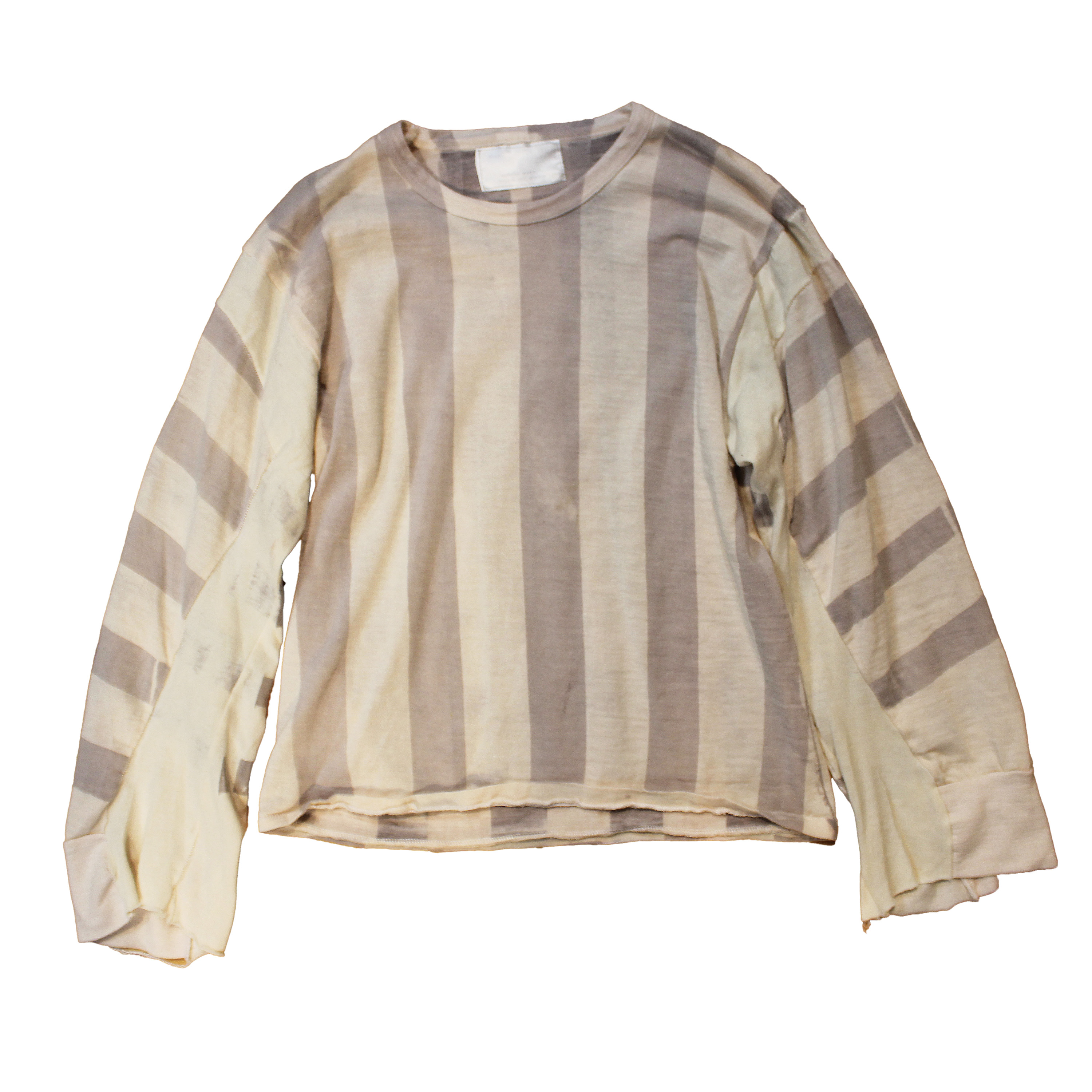 reclaimed vintage surplus thermal shirt tailored to have a boxy fit and wide sleeves. Allover printed with stripes using textile dye
