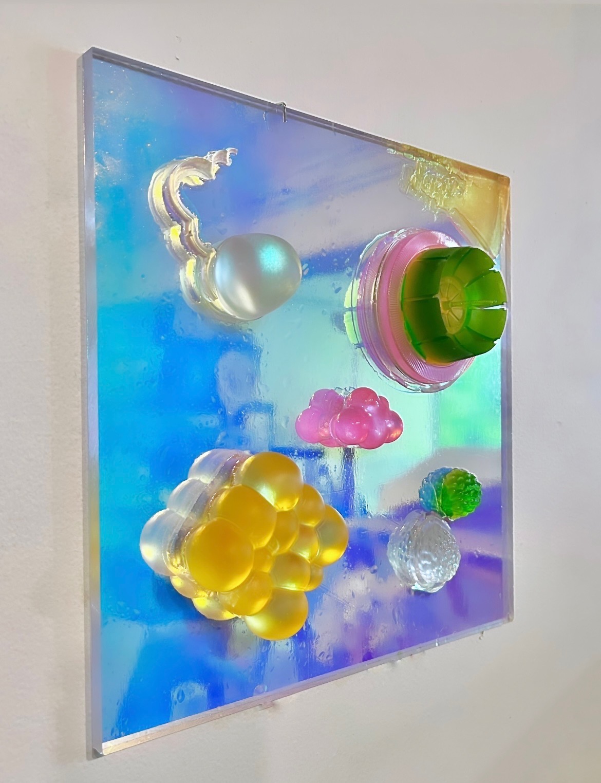 Philippe Hyojung Kim, (Un)Earthly Delights: 🦄🌤🍒🧊🍬💿🥭, 2021, Urethane cast on acrylic, 11.5 x 11.5 x 3 in. $1,250