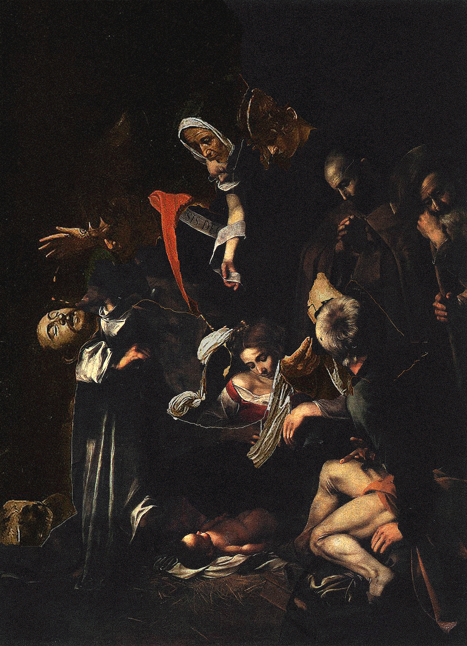F. P., Contemporary Phenomenon of Messages VII, 2021. Sampled from works of Caravaggio (1571–1610), Christi Geburt mit den Heiligen Franziskus und Laurentius and La Deposizione di Cristo.