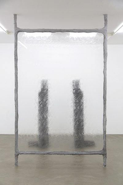 Nature Calls, 2017, plaster, sand, pigment, burlap, steel, glass, vaseline