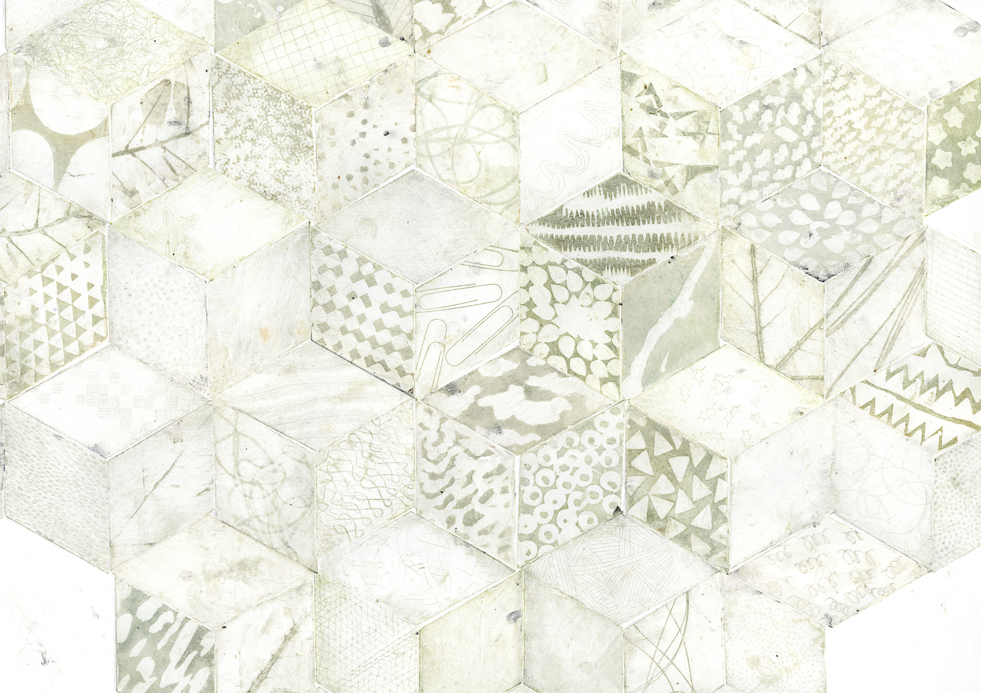 Holly Nowak, Honeycomb (Fall 2018), Shaped etchings with drypoint, soft ground, and aquatint, 22" x 30"; Introduction to Etching, final project: create a new print using an 18" x 24" copper plate. Student cute the plate into tiny pieces and individually etched each small plate.
