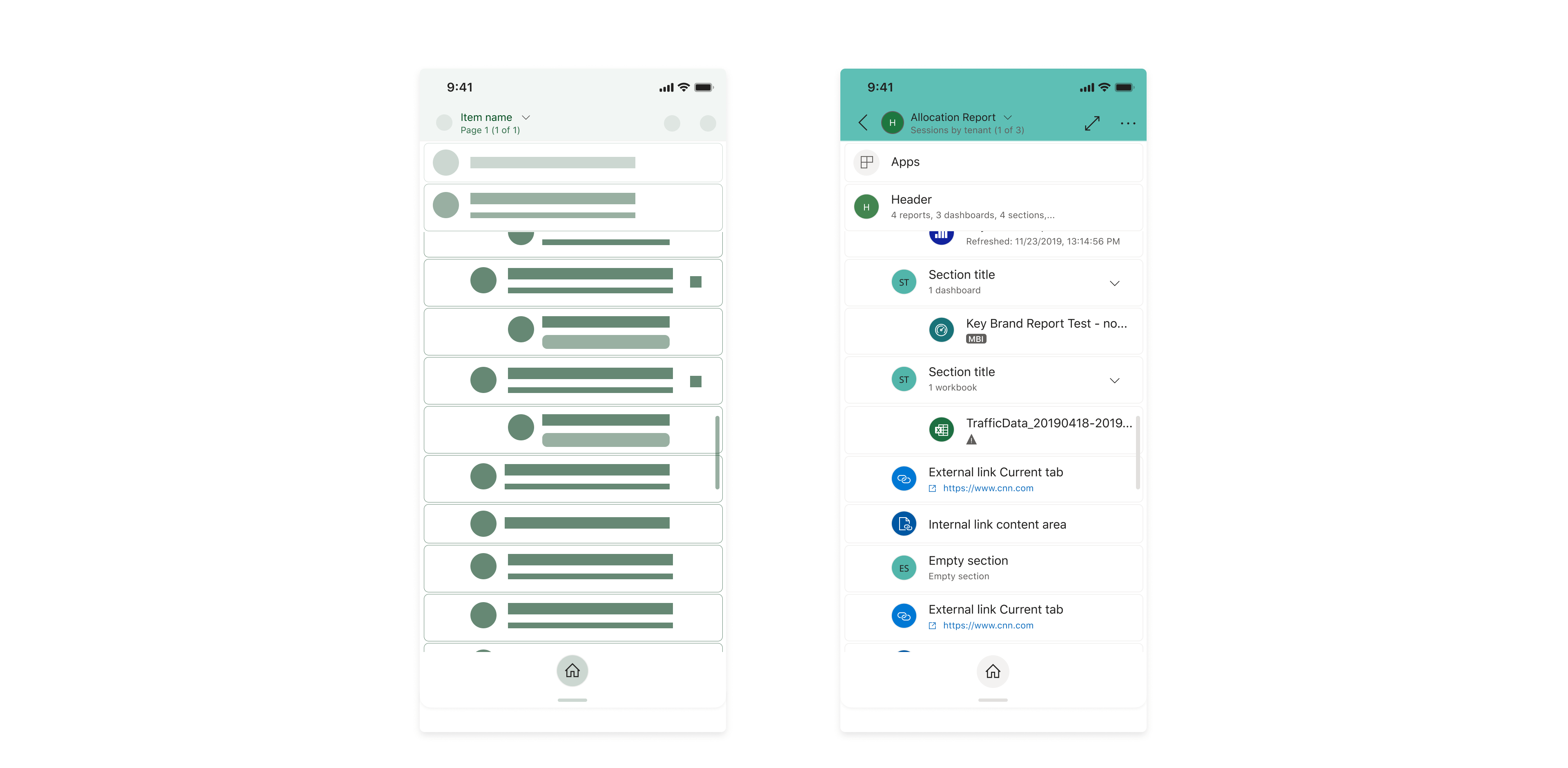 Navigation Tree of a report with 3 pages, in an "App" with 12 items and 3 sub-sections with items, 02.