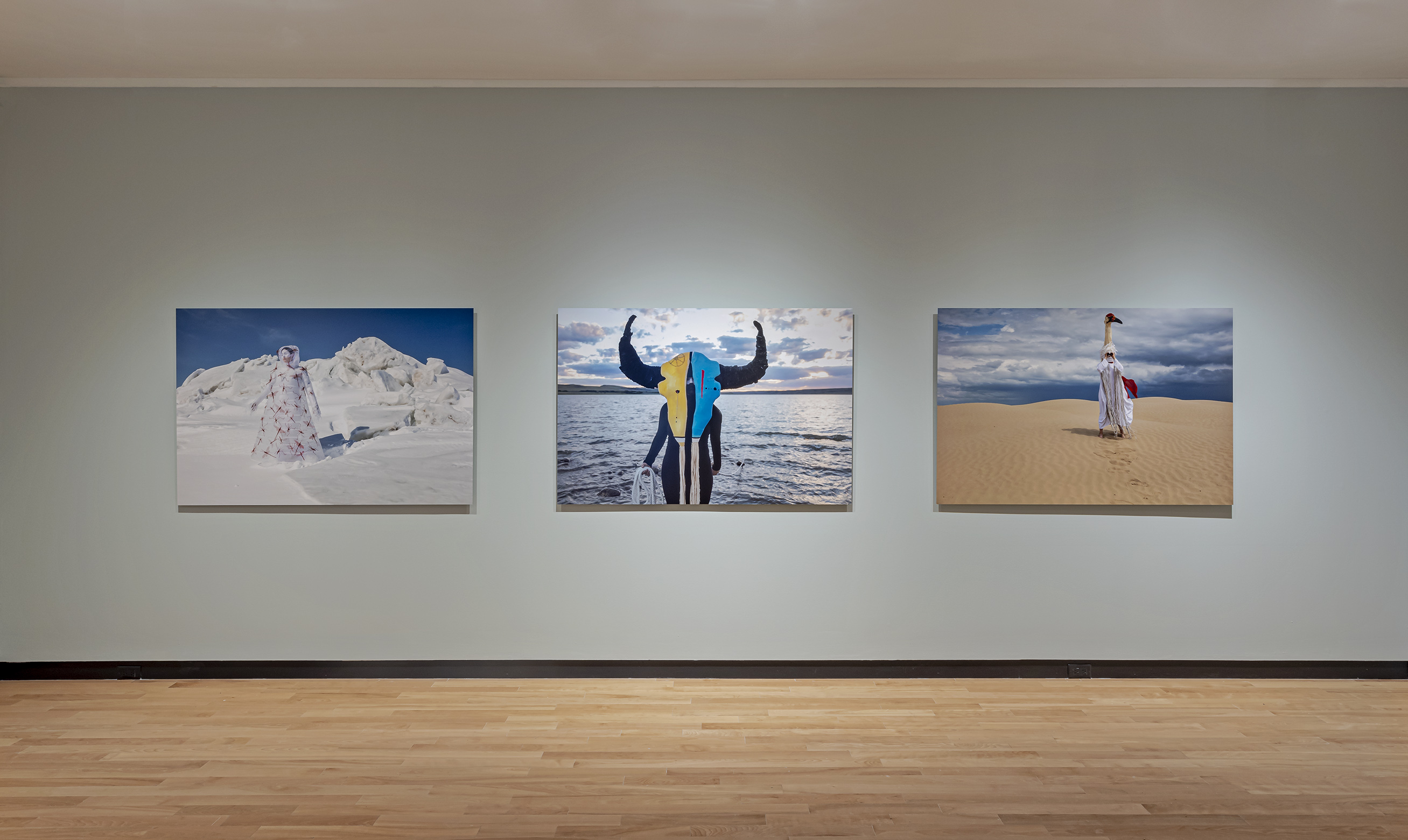 From left to right: Meryl McMaster, What Will I Say to the Sky and the Earth II, 2019; Calling Me Home, 2019; Cartography of the Unseen, 2019. Digital C-prints.