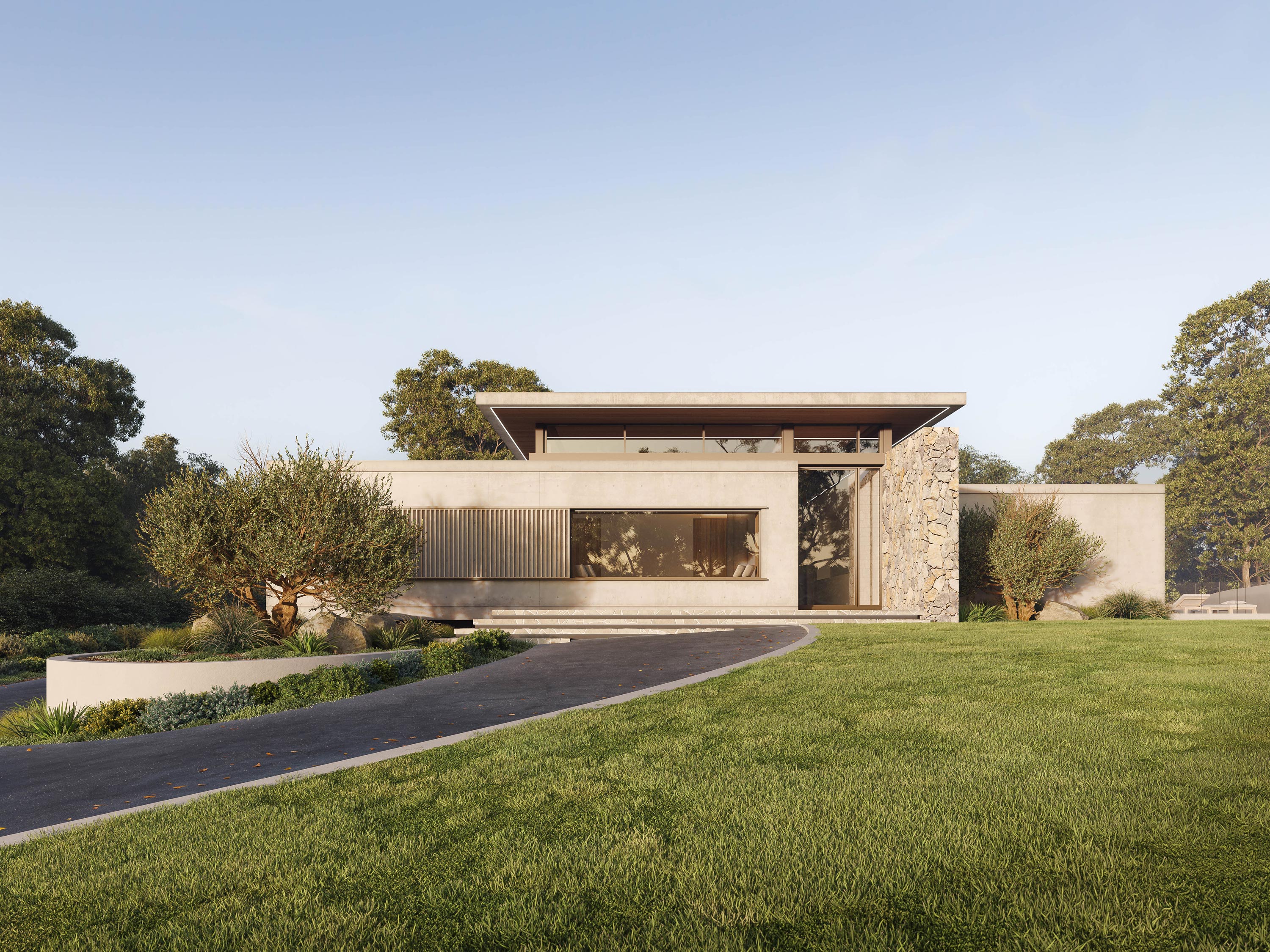 A contemporary residence on the Gold Coast featuring a contrast of minimalist concrete forms and natural materials of timber and stone.