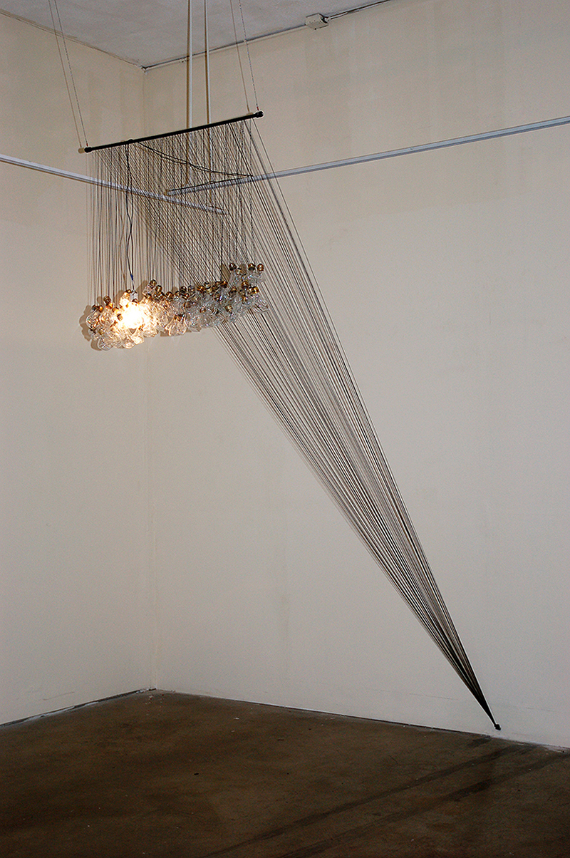 Light Bulb Cluster torch worked light bulbs, thread, steel rod, cable 36”W x 12’H x 9’D