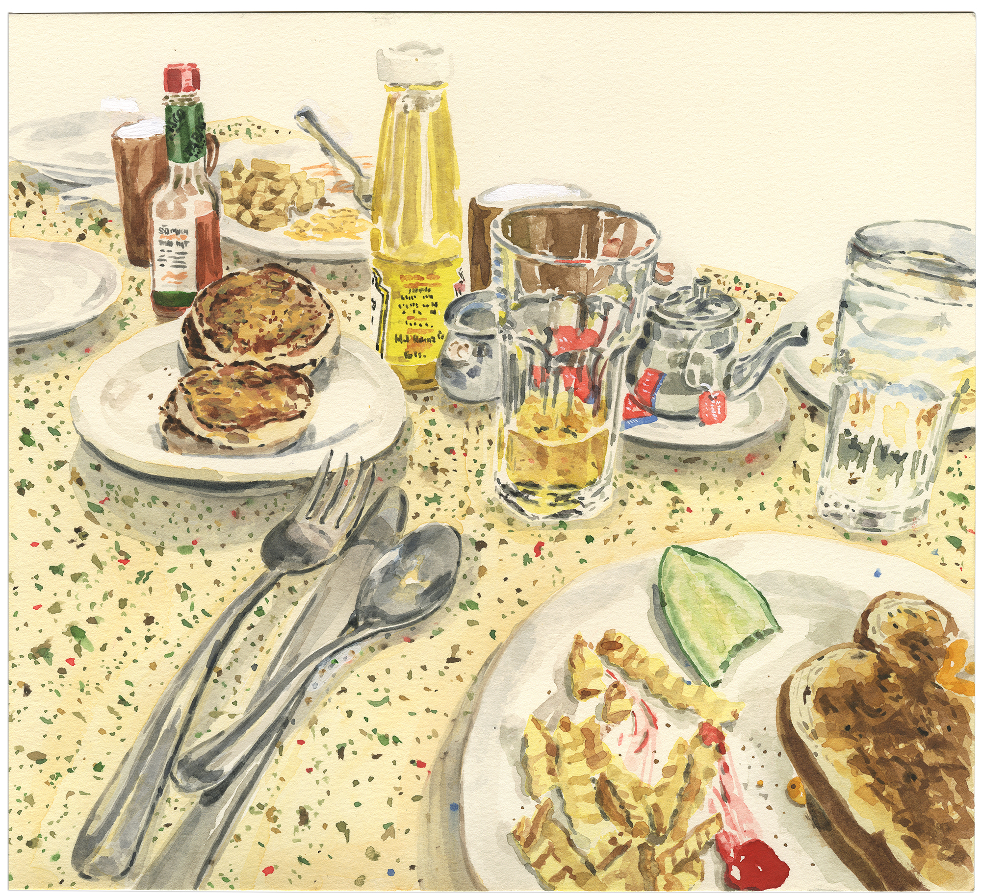 9.75" x 9" Watercolor on paper of a classic diner formica table with condiments and lunch half eaten, by Jimmy Mezei