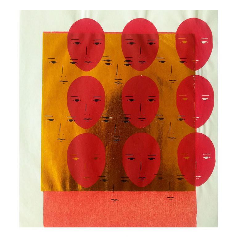 A series of red feminine faces printed on gold paper with a white border. The features on the faces are disorganized, obscured, and appear as if misprinted.  