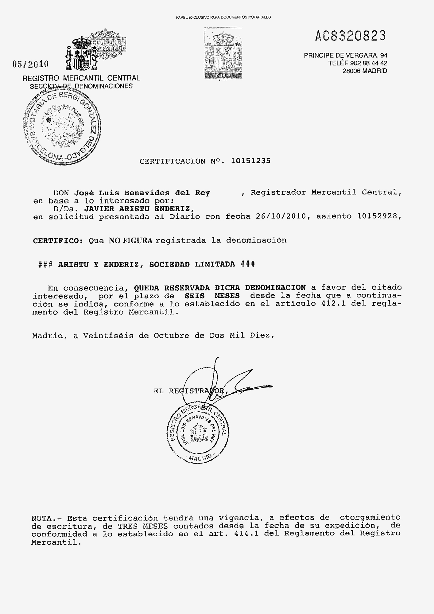 Certificación de la reserva de una denominación comercial en el Registro Mercantil, Barcelona, 2010