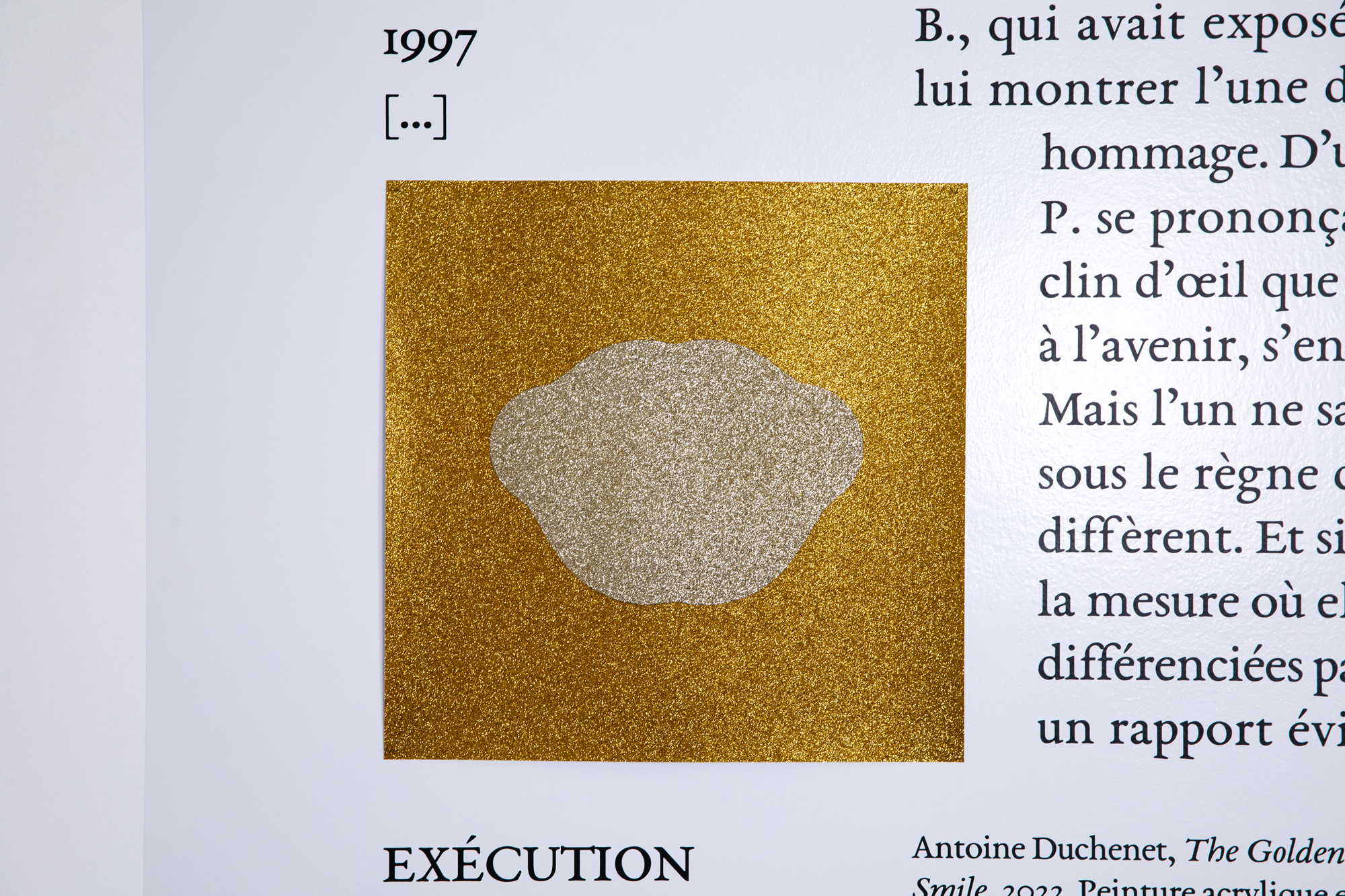 Page 111 ⅕, detail. Antoine Duchenet, The Golden Smile, 2022. Acrylic paint and glitters on glittered cardboard, 300 gr /m2. 40 x 40 cm. 10 ex. numbered and signed. Edited by the cneai=