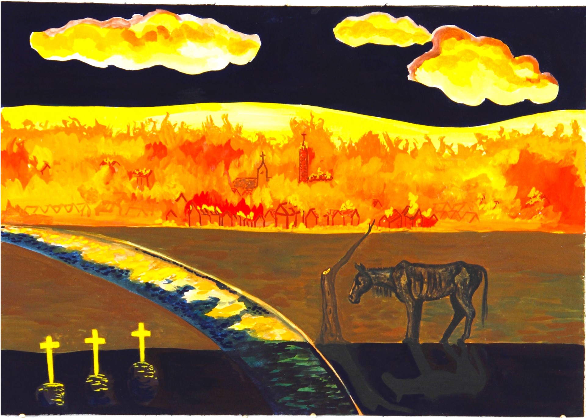Sie sind tot, denn sie sind kein Gold mehr wert. , Eitempera auf Holzplatte, 45 x 64 cm, 2023
