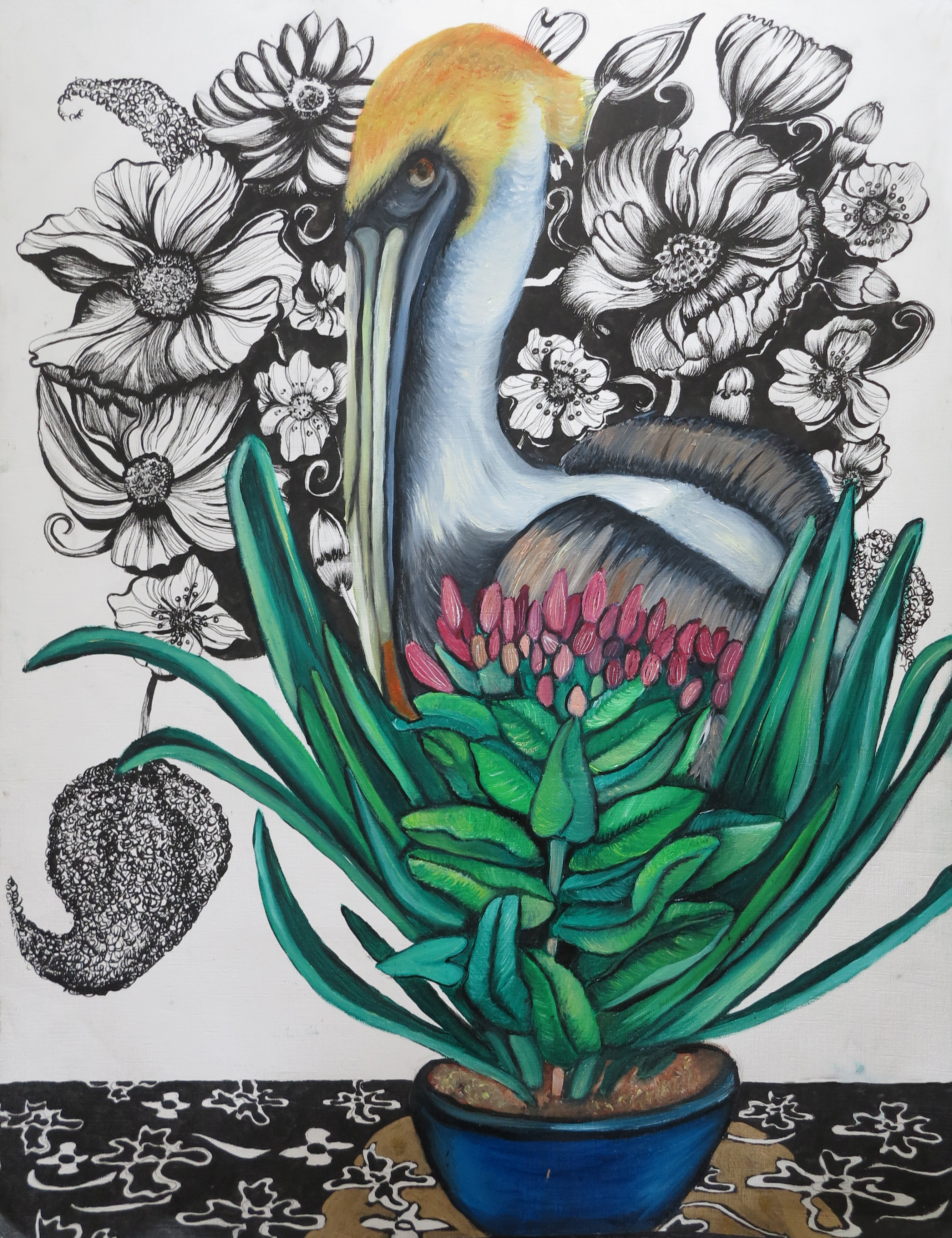 Pélican végétale dans pot de fleurs,2020,huile sur papier/encre de chine/dorure,65x49,5cm